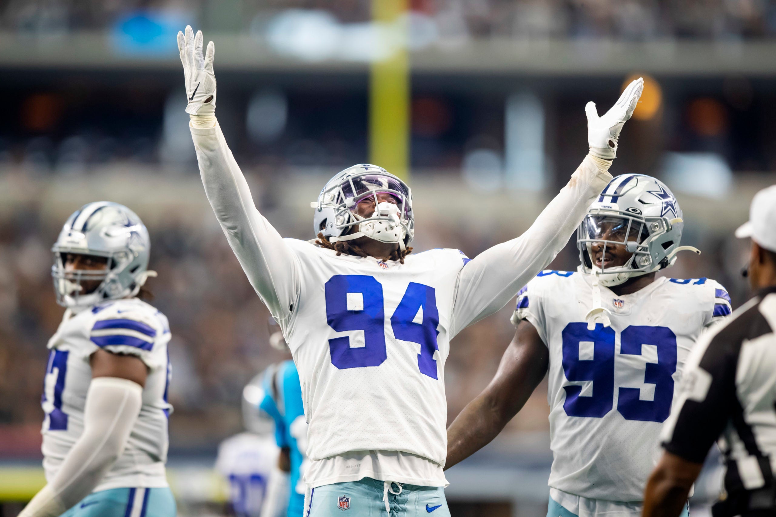 Oct 3, 2021; Arlington, Texas, USA; Dallas Cowboys defensive end Randy Gregory (94) celebrates against the Carolina Panthers at AT&T Stadium. Mandatory Credit: Mark J. Rebilas-USA TODAY Sports