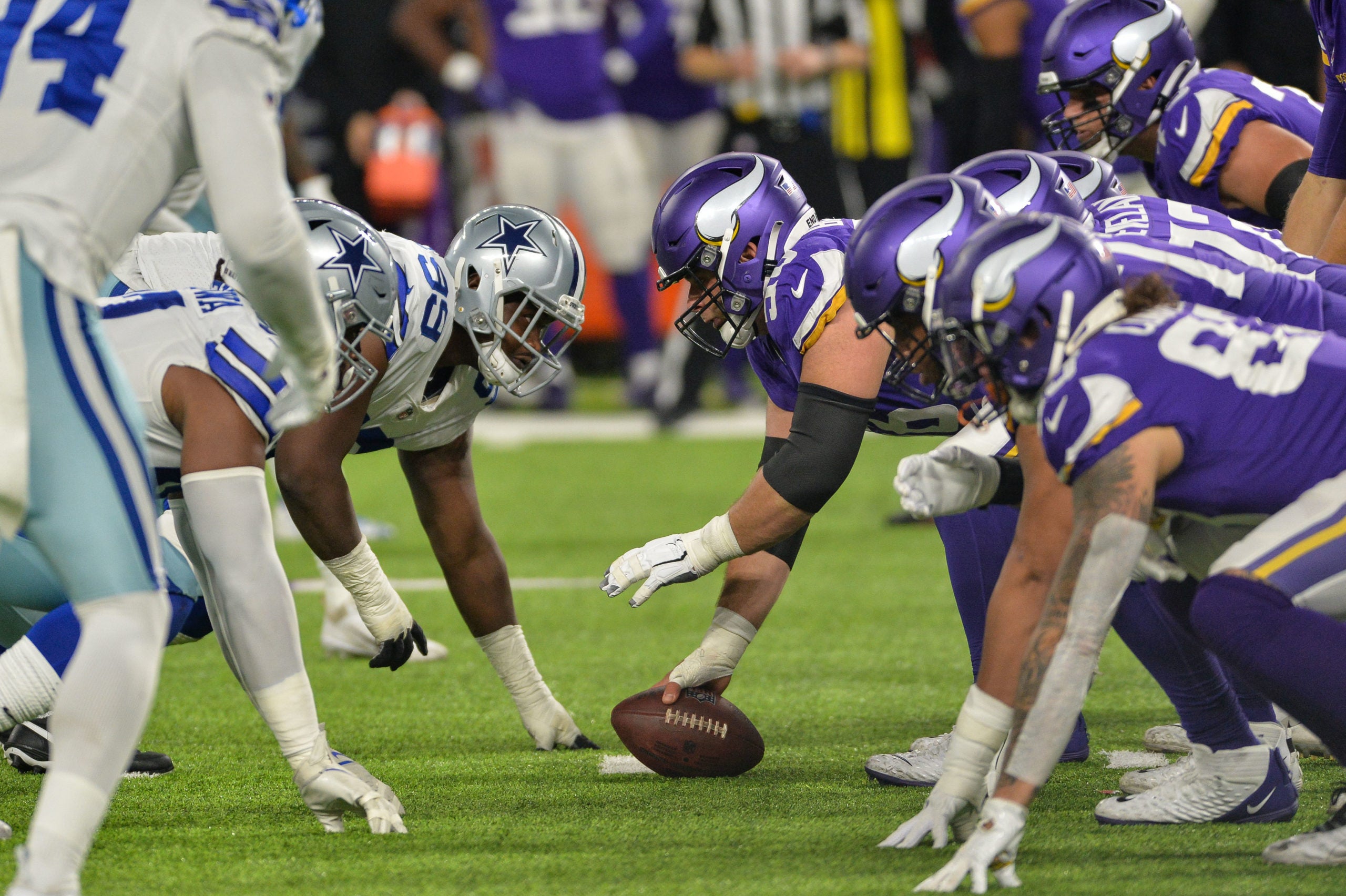 Oct 31, 2021; Minneapolis, Minnesota, USA; The line of scrimmage between the Minnesota Vikings and the Dallas Cowboys at U.S. Bank Stadium. Mandatory Credit: Jeffrey Becker-USA TODAY Sports