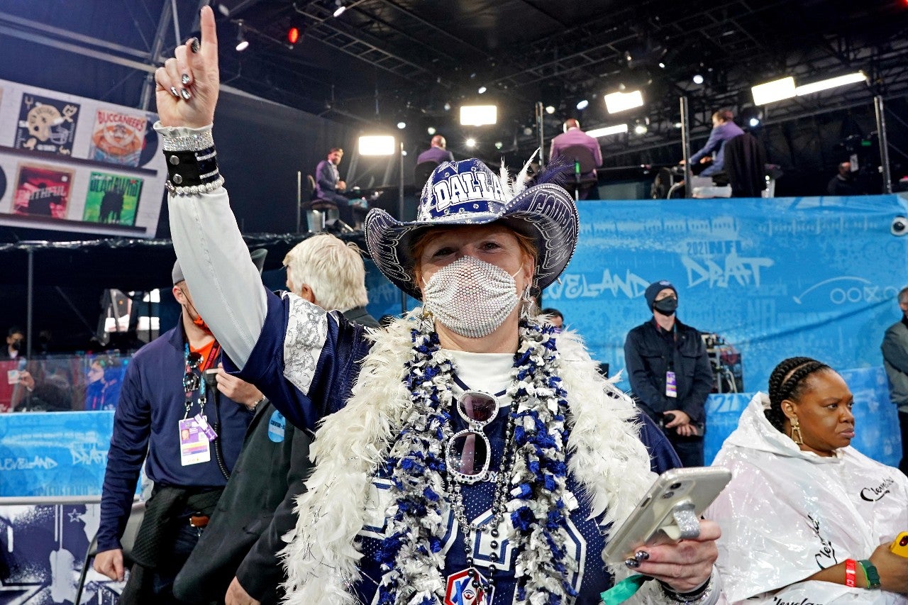 Apr 29, 2021; Cleveland, Ohio, USA; A Dallas Cowboys fans cheers before the 2021 NFL Draft at First Energy Stadium. Mandatory Credit: Kirby Lee-USA TODAY Sports