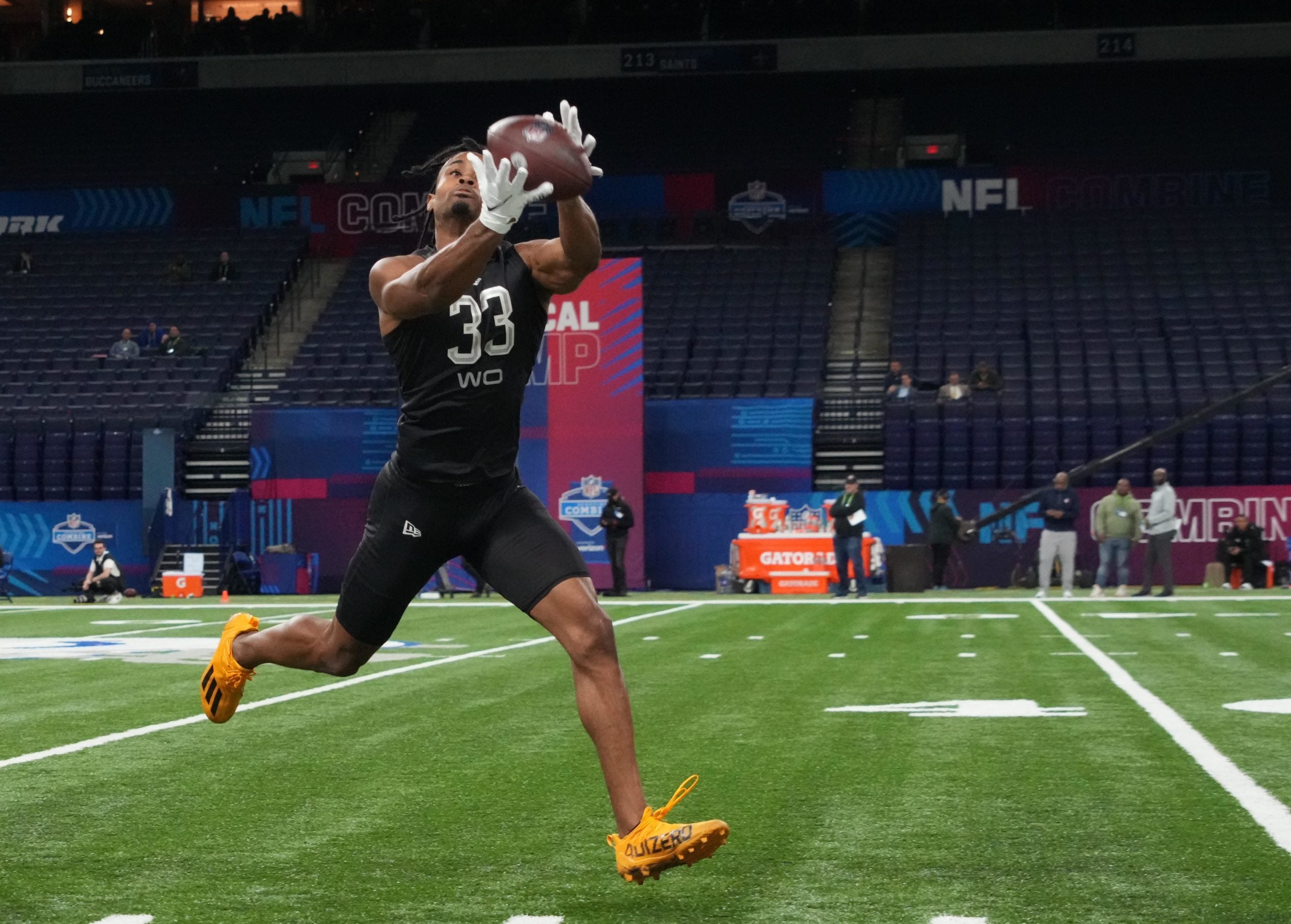 Mar 3, 2022; Indianapolis, IN, USA; South alabama wide receiver Jalen Tolbert (WO33) goes through a drill during the 2022 NFL Scouting Combine at Lucas Oil Stadium. Mandatory Credit: Kirby Lee-USA TODAY Sports