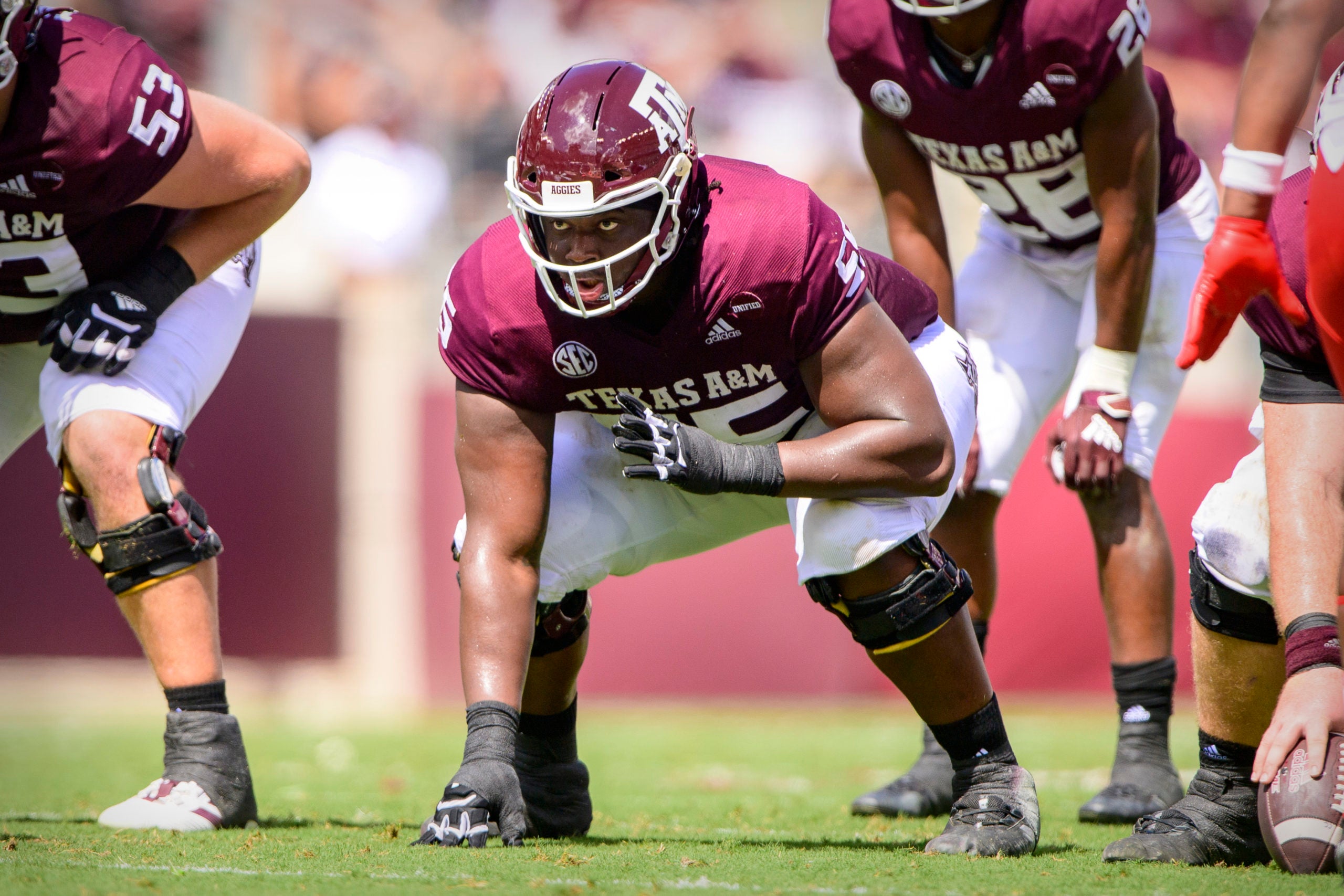 Sep 18, 2021; College Station, Texas, USA; Texas A&M Aggies offensive lineman Kenyon Green (55) in action during the game between the Texas A&M Aggies and the New Mexico Lobos at Kyle Field. Mandatory Credit: Jerome Miron-USA TODAY Sports