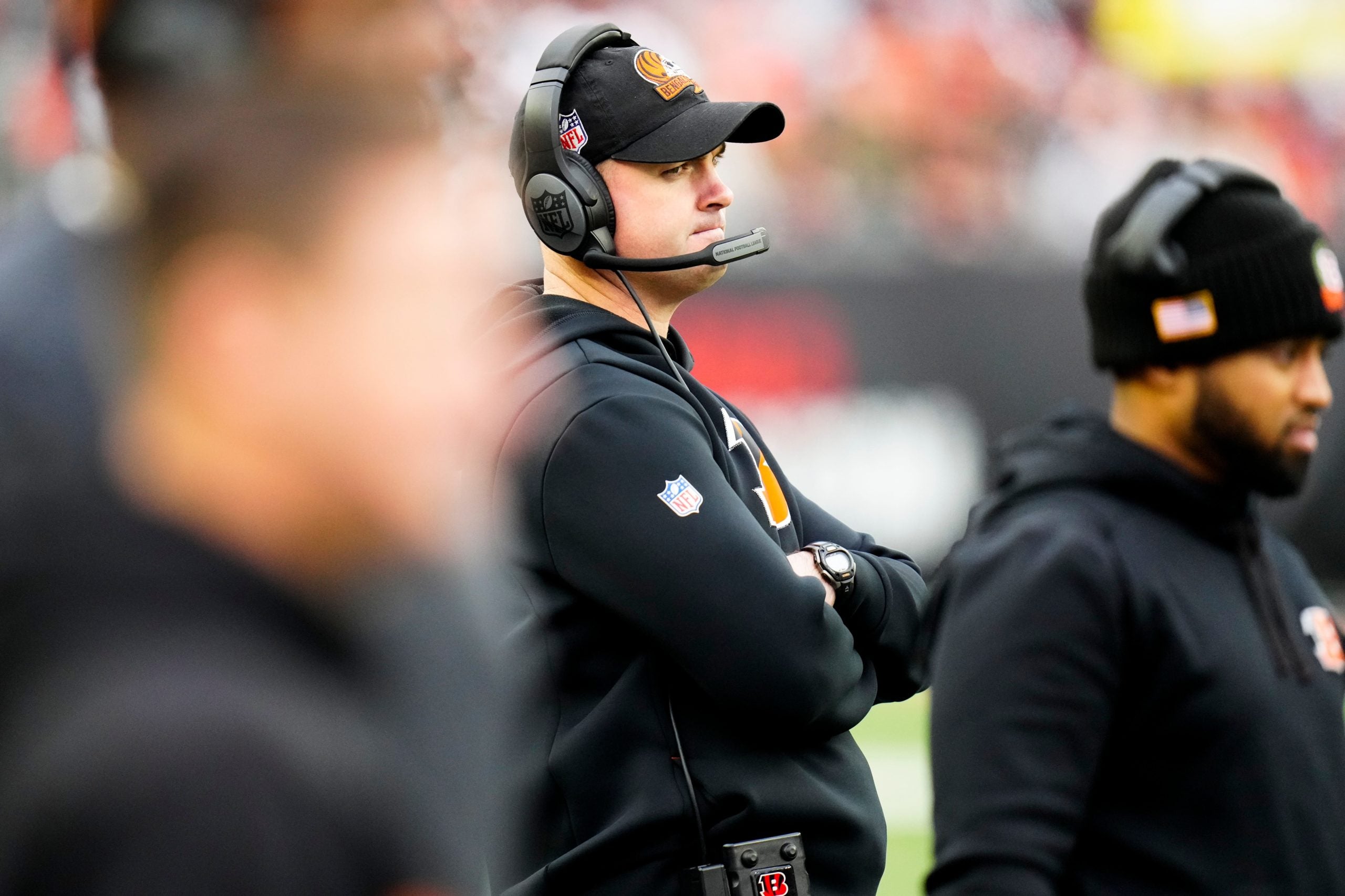 Cincinnati Bengals head coach Zac Taylor looks on from the sideline in the second quarter of the NFL Week 14 game between the Cincinnati Bengals and the Cleveland Browns at Paycor Stadium in Cincinnati on Sunday, Dec. 11, 2022. The Bengals led 13-3 at halftime. Cleveland Browns At Cincinnati Bengals Week 14