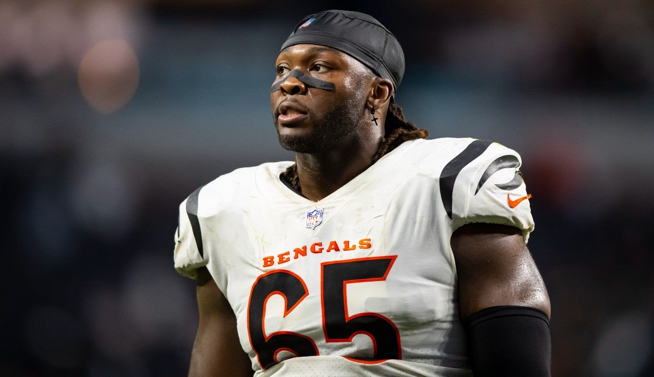 Nov 21, 2021; Paradise, Nevada, USA; Cincinnati Bengals defensive tackle Larry Ogunjobi (65) against the Las Vegas Raiders at Allegiant Stadium. Mandatory Credit: Mark J. Rebilas-USA TODAY Sports