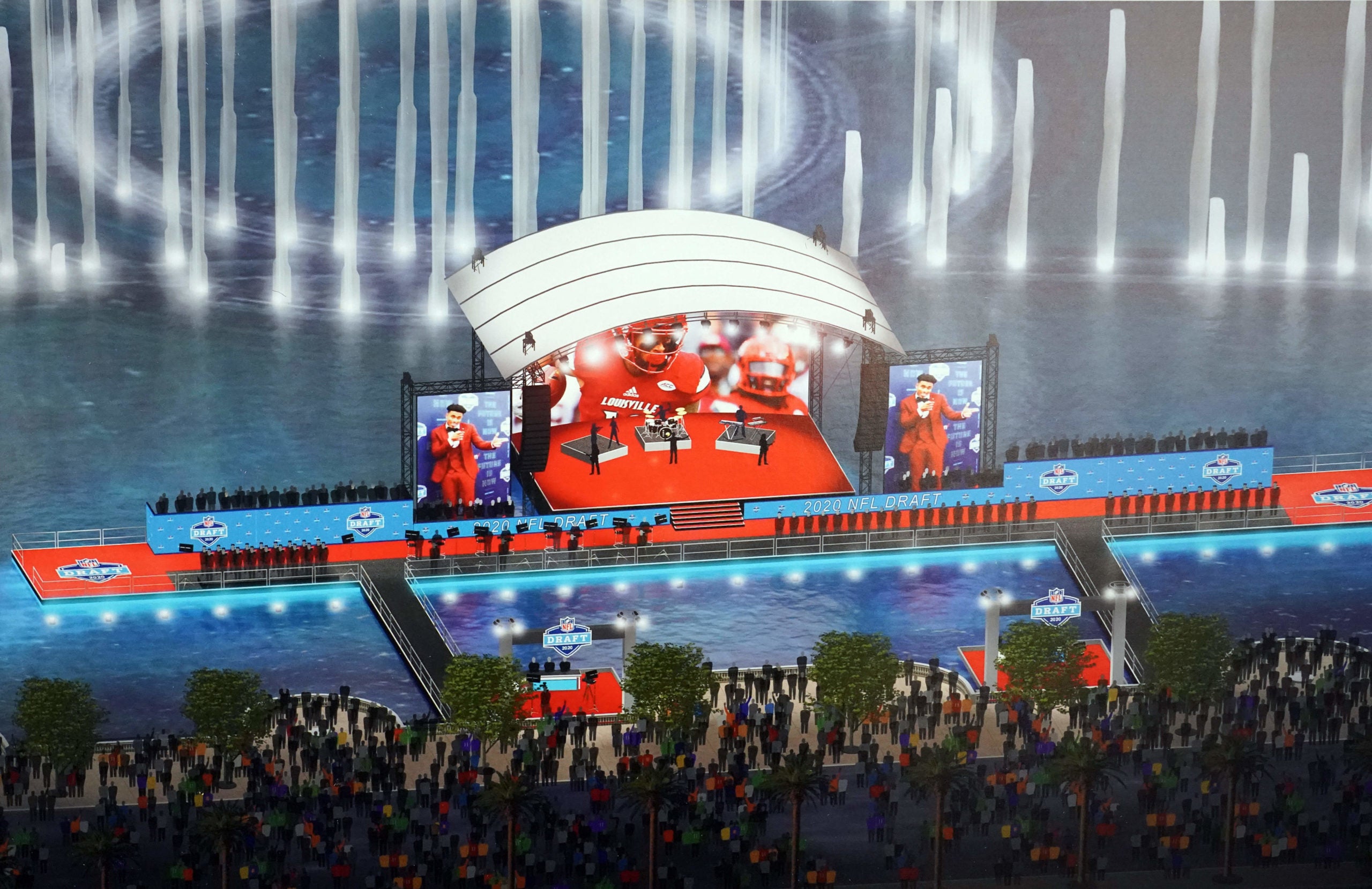 Jan 30, 2020; Miami, Florida, USA; Artist rendering of the 2020 NFL Draft stage in Las Vegas on the lake in front of the Bellagio hotel with boats ferrying players and VIPs to the action on display at he Super Bowl LIV Experience at the Miami Beach Convention Center. Mandatory Credit: Kirby Lee-USA TODAY Sports