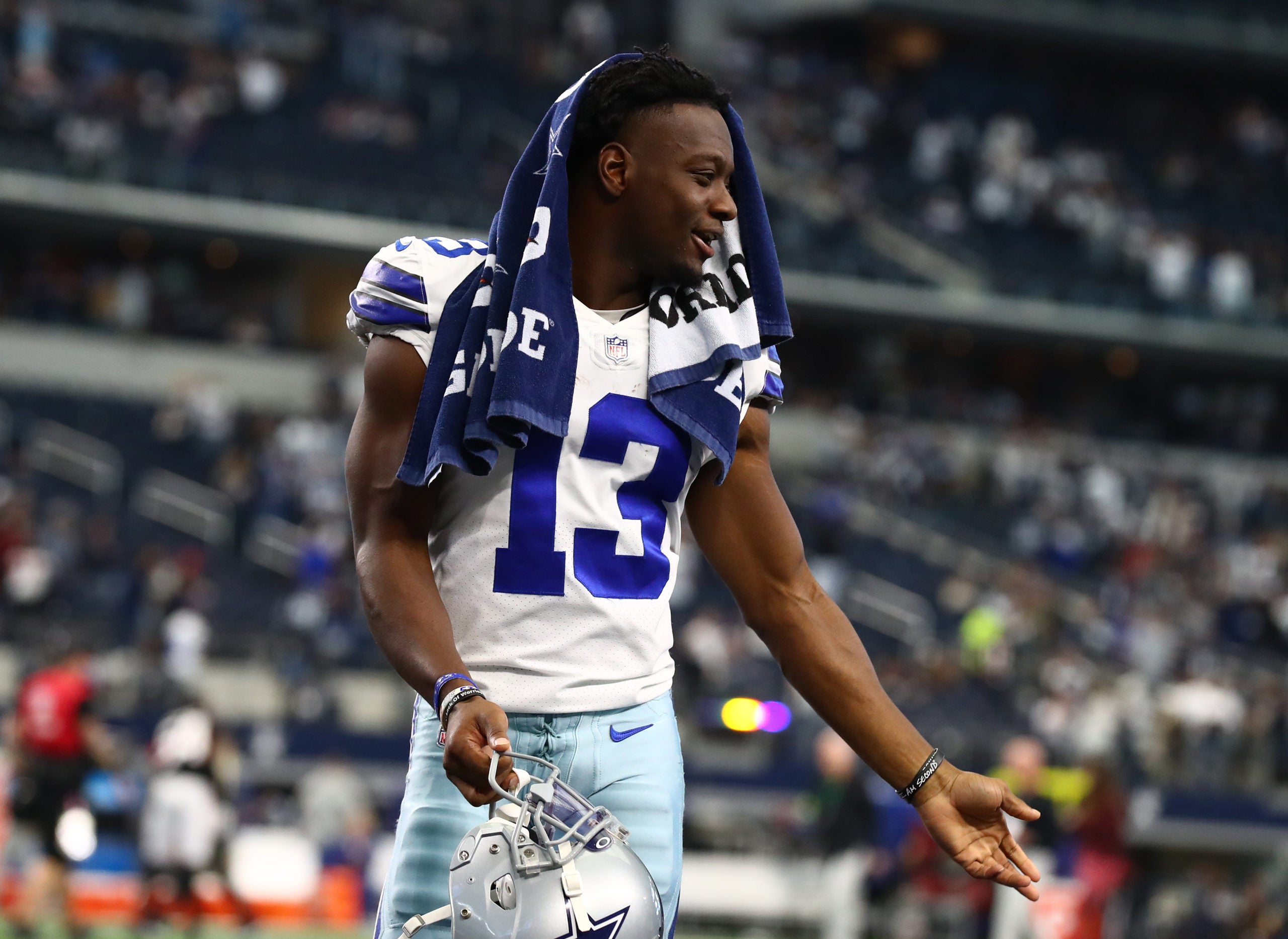 Nov 14, 2021; Arlington, Texas, USA; Dallas Cowboys receiver Michael Gallup (13) celebrates after a victory against the Atlanta Falcons at AT&T Stadium. Mandatory Credit: Matthew Emmons-USA TODAY Sports