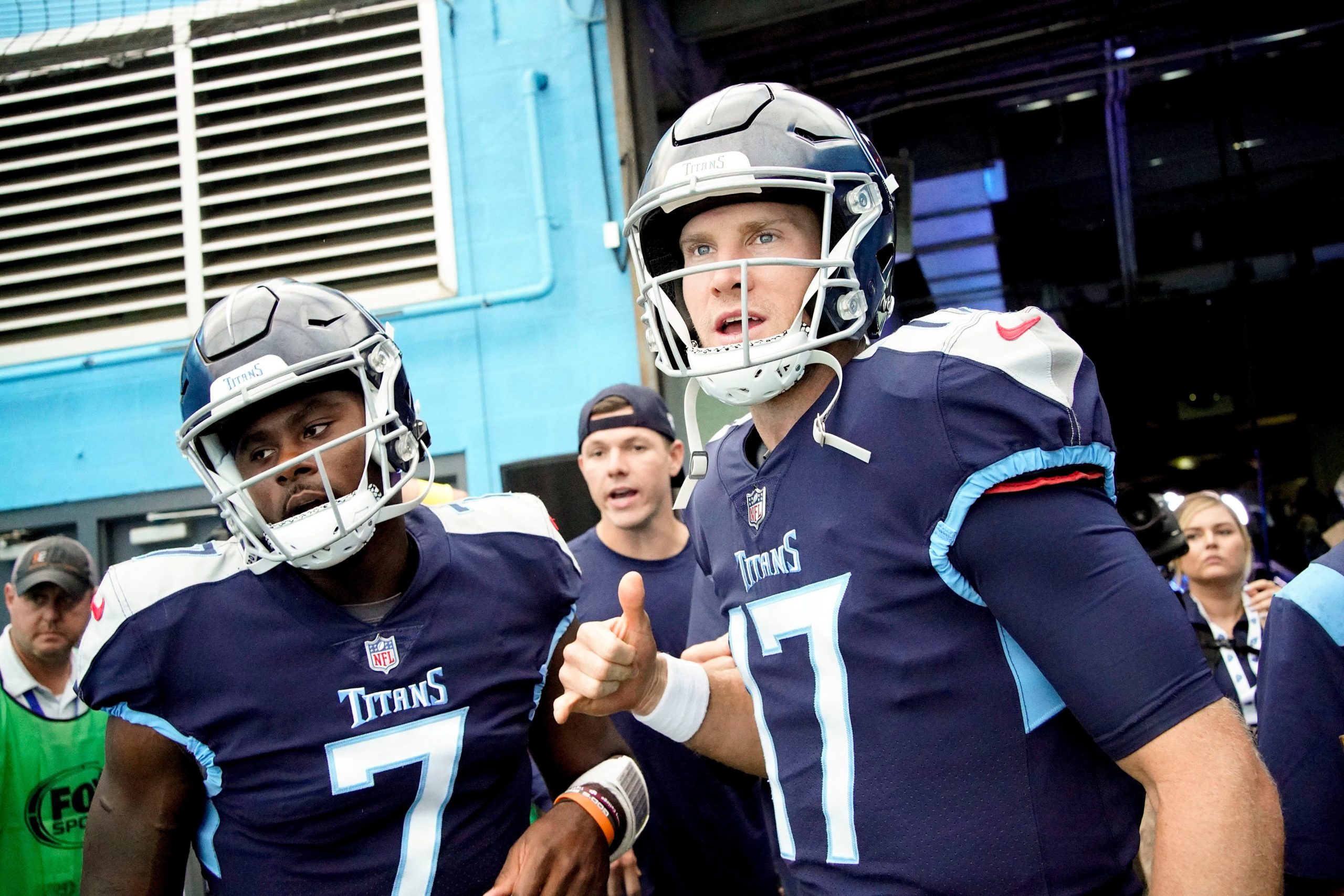 Tennessee Titans quarterbacks Ryan Tannehill (17) and Malik Willis (7) warm up before facing the New York Giants in the season opener at Nissan Stadium Sunday, Sept. 11, 2022, in Nashville, Tenn. Nfl New York Giants At Tennessee Titans