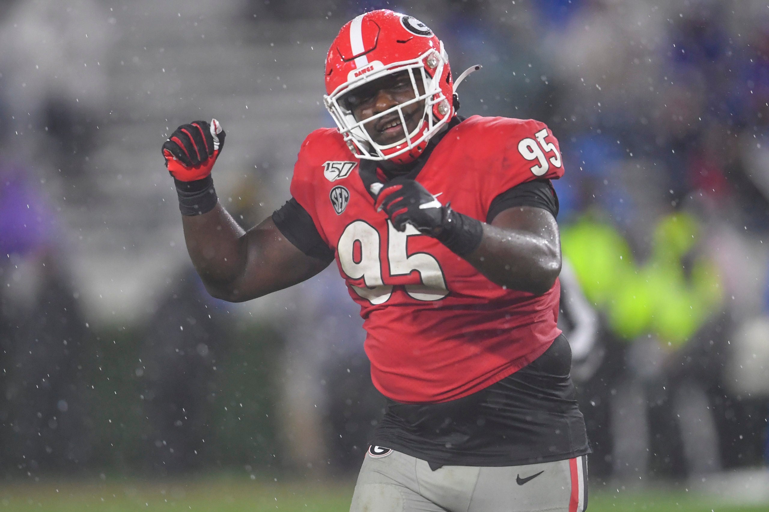 Oct 19, 2019; Athens, GA, USA; Georgia Bulldogs defensive lineman Devonte Wyatt (95) reacts after a defensive stop against the Kentucky Wildcats during the second half at Sanford Stadium. Mandatory Credit: Dale Zanine-USA TODAY Sports