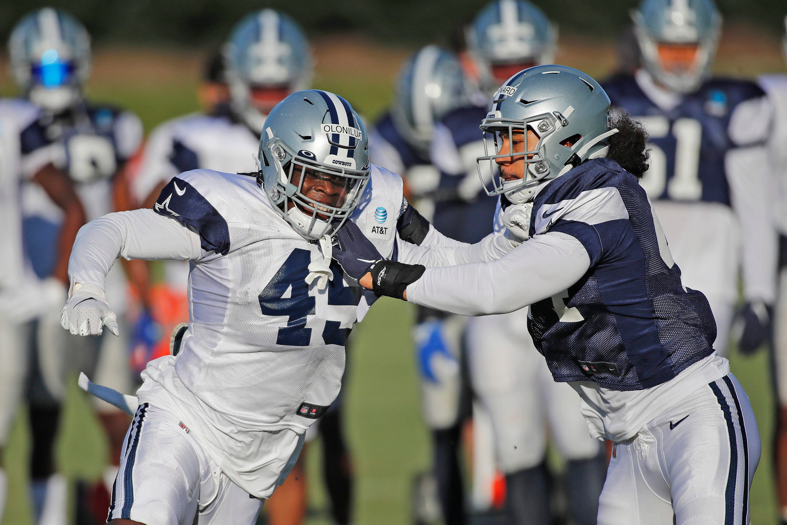 Aug 21, 2020; Frisco, TX, USA; Sewo Olonilua (45) and Francis Bernard (44) of the Dallas Cowboys during training camp at Ford Center at The Star in Frisco, Texas.   Mandatory credit: James D. Smith/Dallas Cowboys/Handout photo-USA TODAY Sports