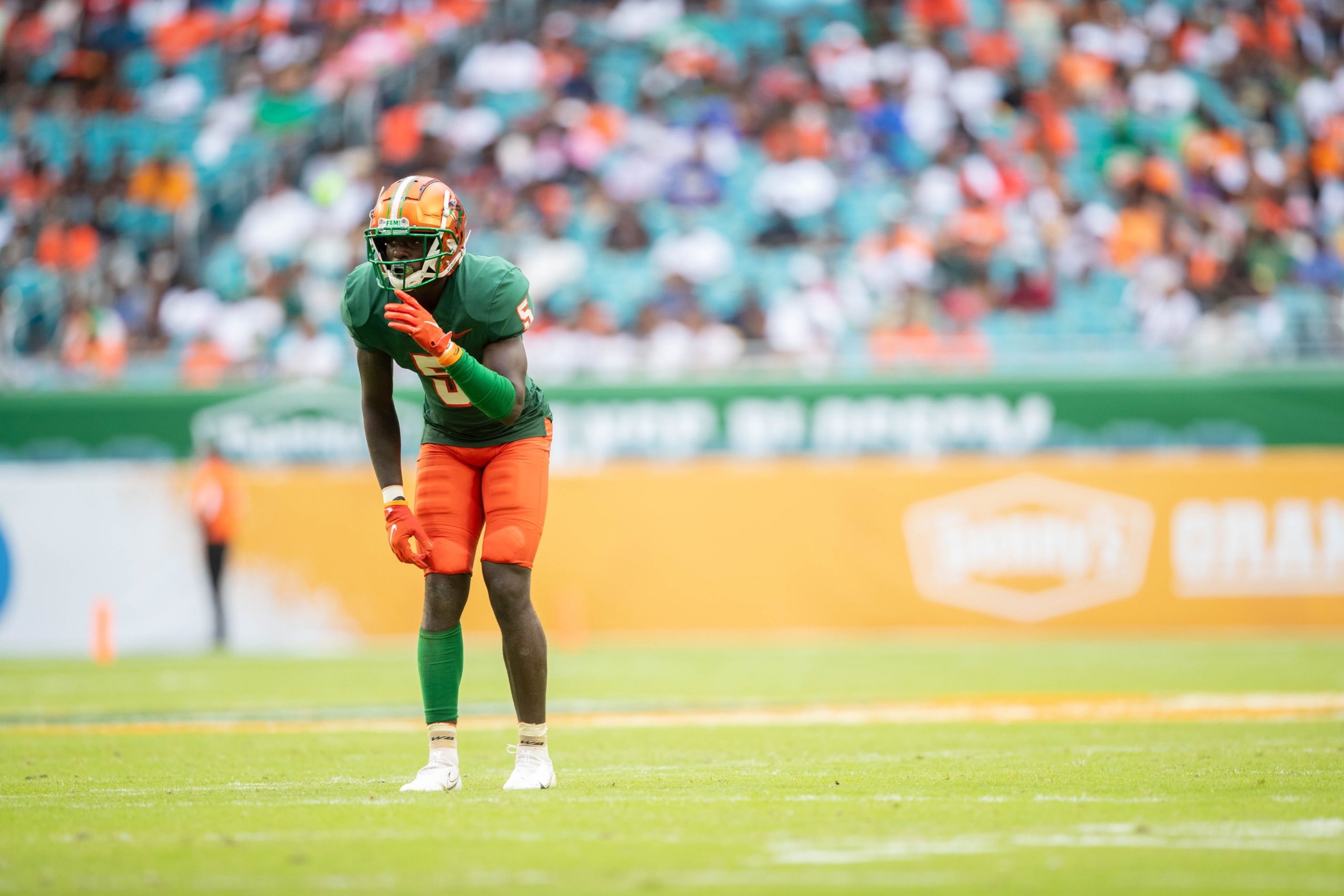 FAMU safety Markquese Bell (5) lines up in coverage during the Orange Blossom Classic between Florida A&M University and Jackson State University at Hard Rock Stadium in Miami Gardens, Fla. Sunday, Sept. 5, 2021. Orange Blossom Classic 090521 Ts 3842