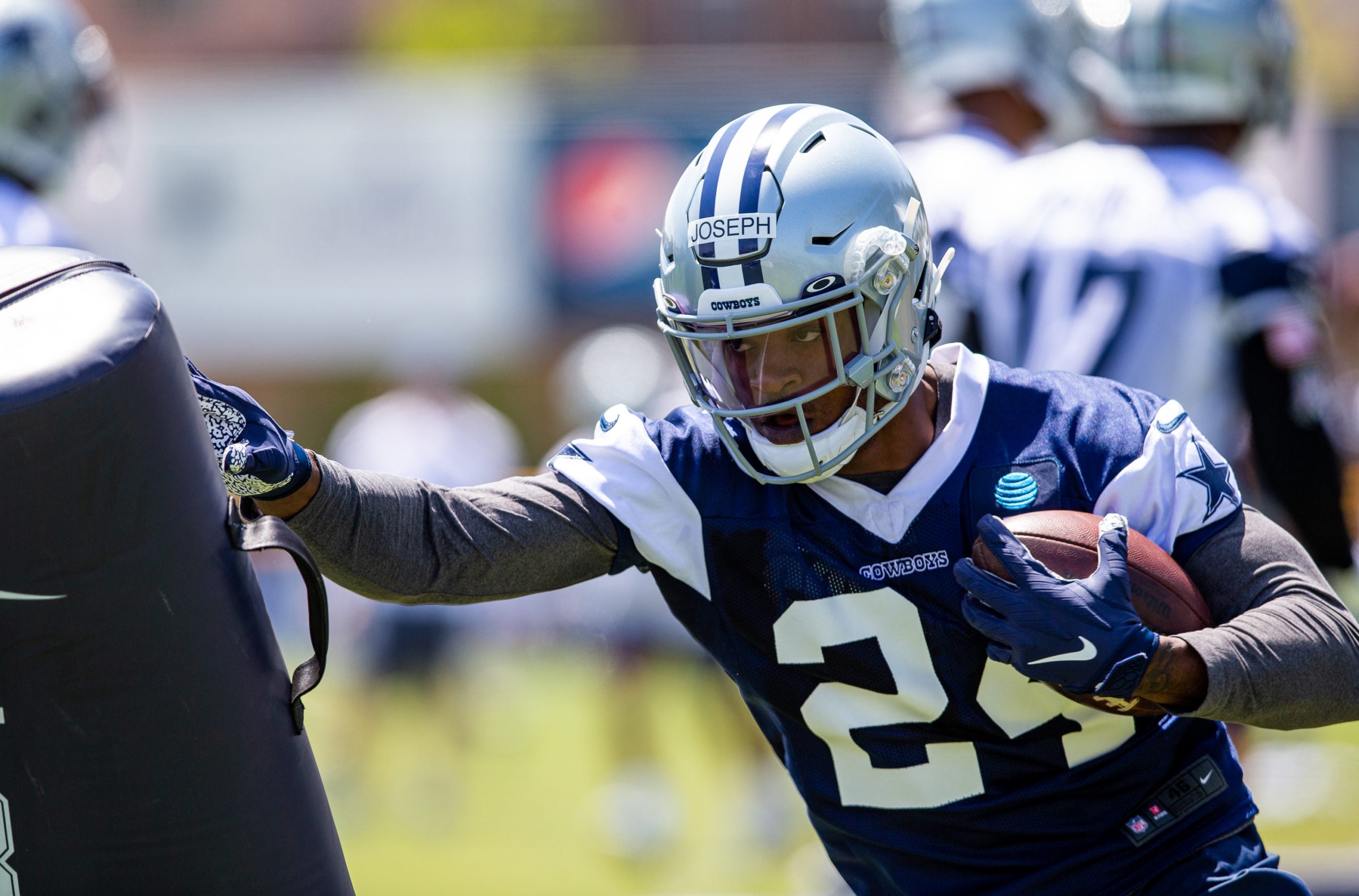 Jul 22, 2021; Oxnard, CA, USA; Dallas Cowboys cornerback Kelvin Joseph (24) during training camp practice at the Marriott Residence Inn. Mandatory Credit: Jason Parkhurst-USA TODAY Sports