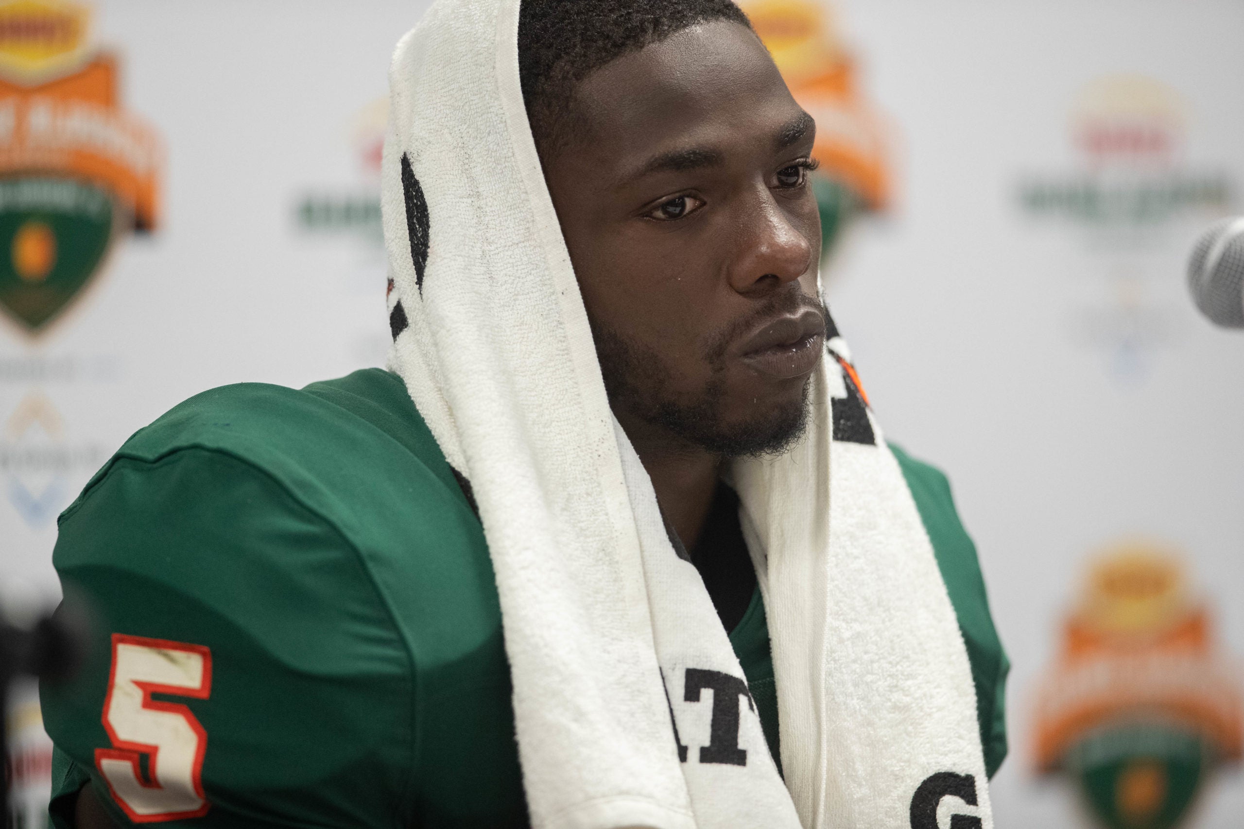 FAMU safety Markquese Bell sits solemnly during the postgame press conference after the Orange Blossom Classic between Florida A&M University and Jackson State University at Hard Rock Stadium in Miami Gardens, Fla. Sunday, Sept. 5, 2021. Orange Blossom Classic 090521 Ts 4689