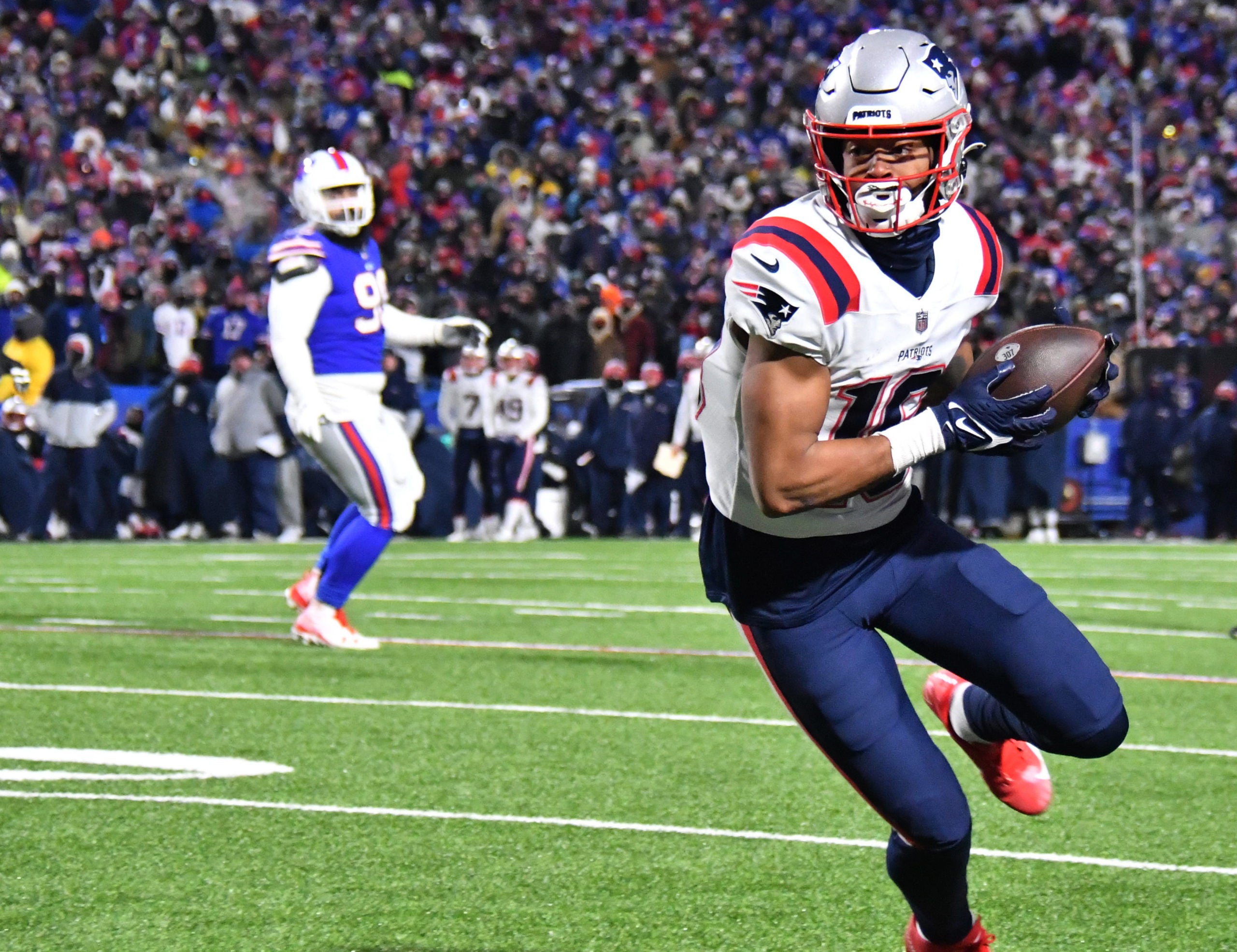 Jan 15, 2022; Orchard Park, New York, USA; New England Patriots wide receiver Jakobi Meyers (16) runs after a catch in the third quarter of the AFC Wild Card playoff game against the Buffalo Bills at Highmark Stadium. Mandatory Credit: Mark Konezny-USA TODAY Sports