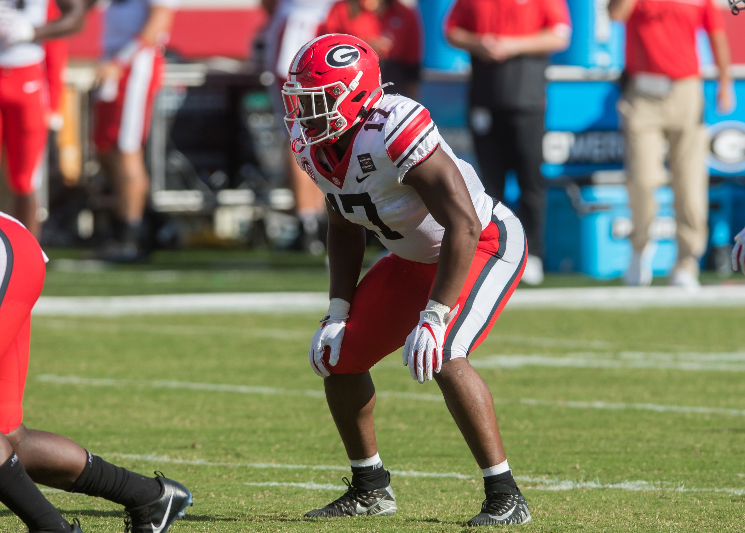 Sep 26, 2020; Fayetteville, Arkansas, USA;  Georgia Bulldogs linebacker Nakobe Dean (17) looks in the Arkansas Razorbacks backfield during the second quarter at Donald W. Reynolds Razorback Stadium. Georgia won the game 37-10. Mandatory Credit: Brett Rojo-USA TODAY Sports