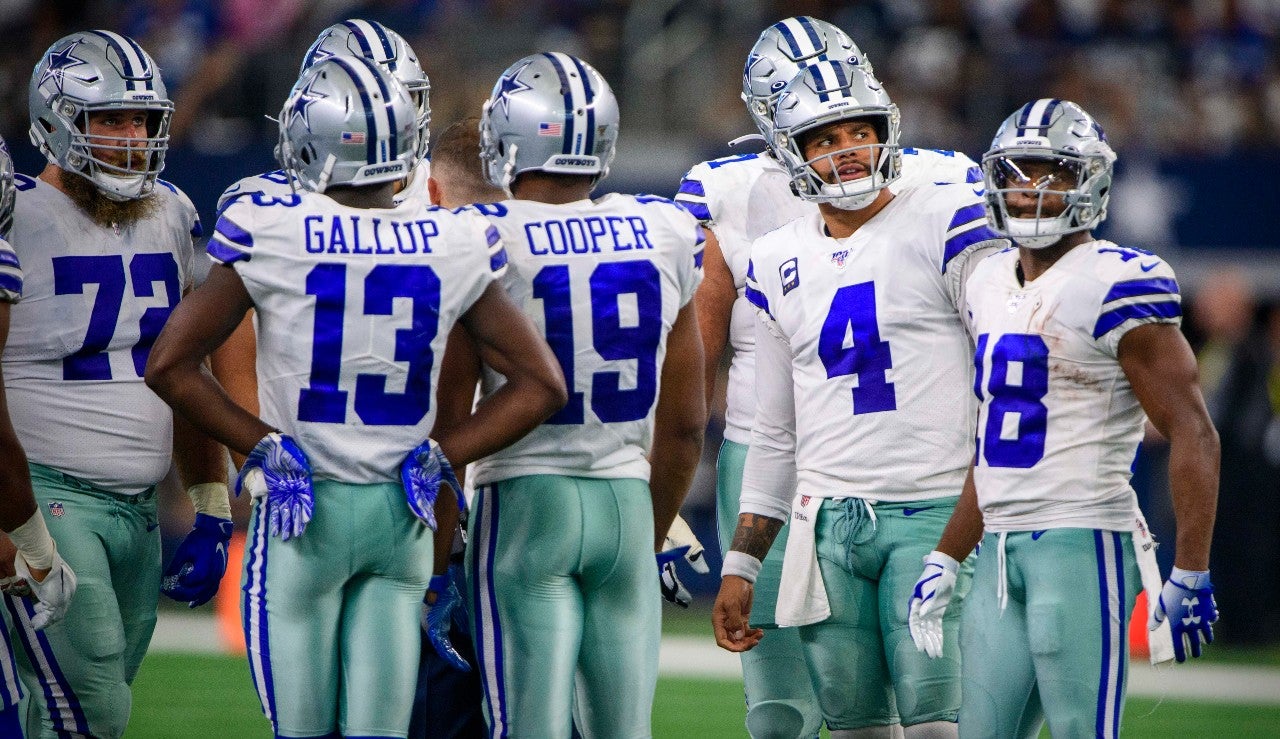 Sep 8, 2019; Arlington, TX, USA; Dallas Cowboys center Travis Frederick (72) and wide receiver Michael Gallup (13) and wide receiver Amari Cooper (19) and quarterback Dak Prescott (4) and wide receiver Randall Cobb (18) during the game between the Cowboys and the Giants at AT&T Stadium. Mandatory Credit: Jerome Miron-USA TODAY Sports