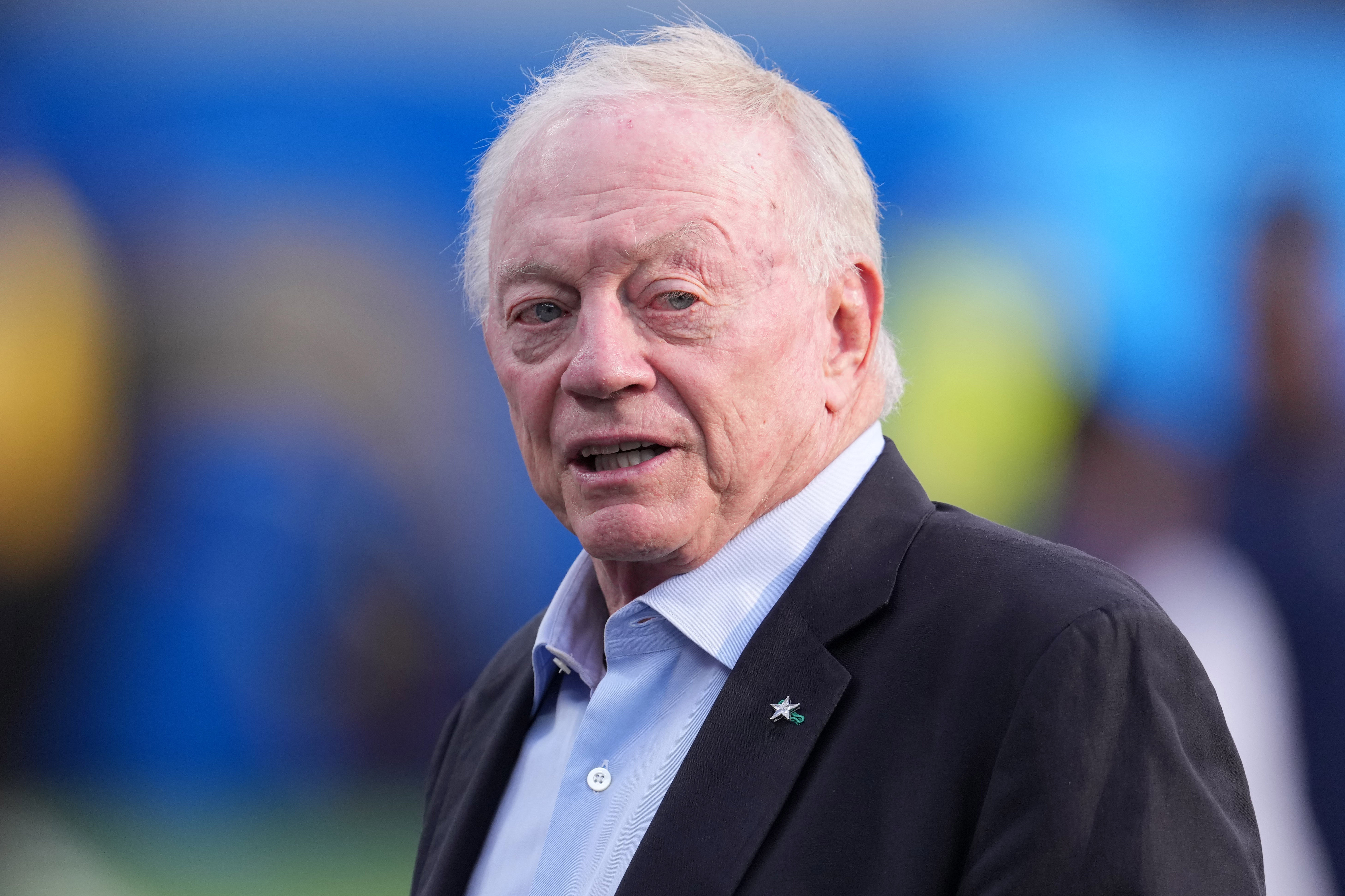Aug 20, 2022; Inglewood, California, USA; Dallas Cowboys owner Jerry Jones reacts before the game against the Los Angeles Chargers at SoFi Stadium. Mandatory Credit: Kirby Lee-USA TODAY Sports