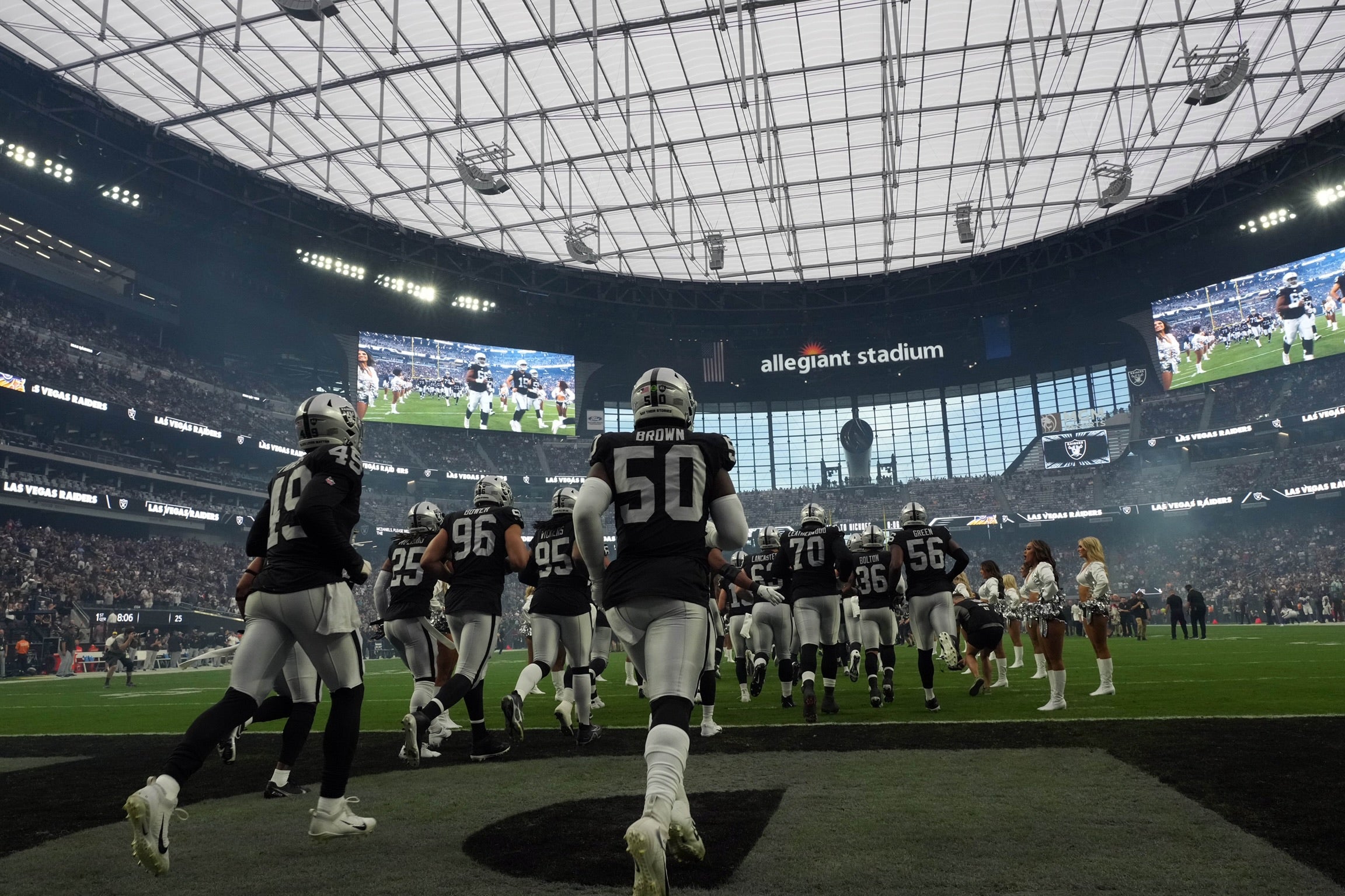 Aug 14, 2022; Paradise, Nevada, USA; Las Vegas Raiders players enter the field before the game against the Minnesota Vikings at Allegiant Stadium. Mandatory Credit: Kirby Lee-USA TODAY Sports