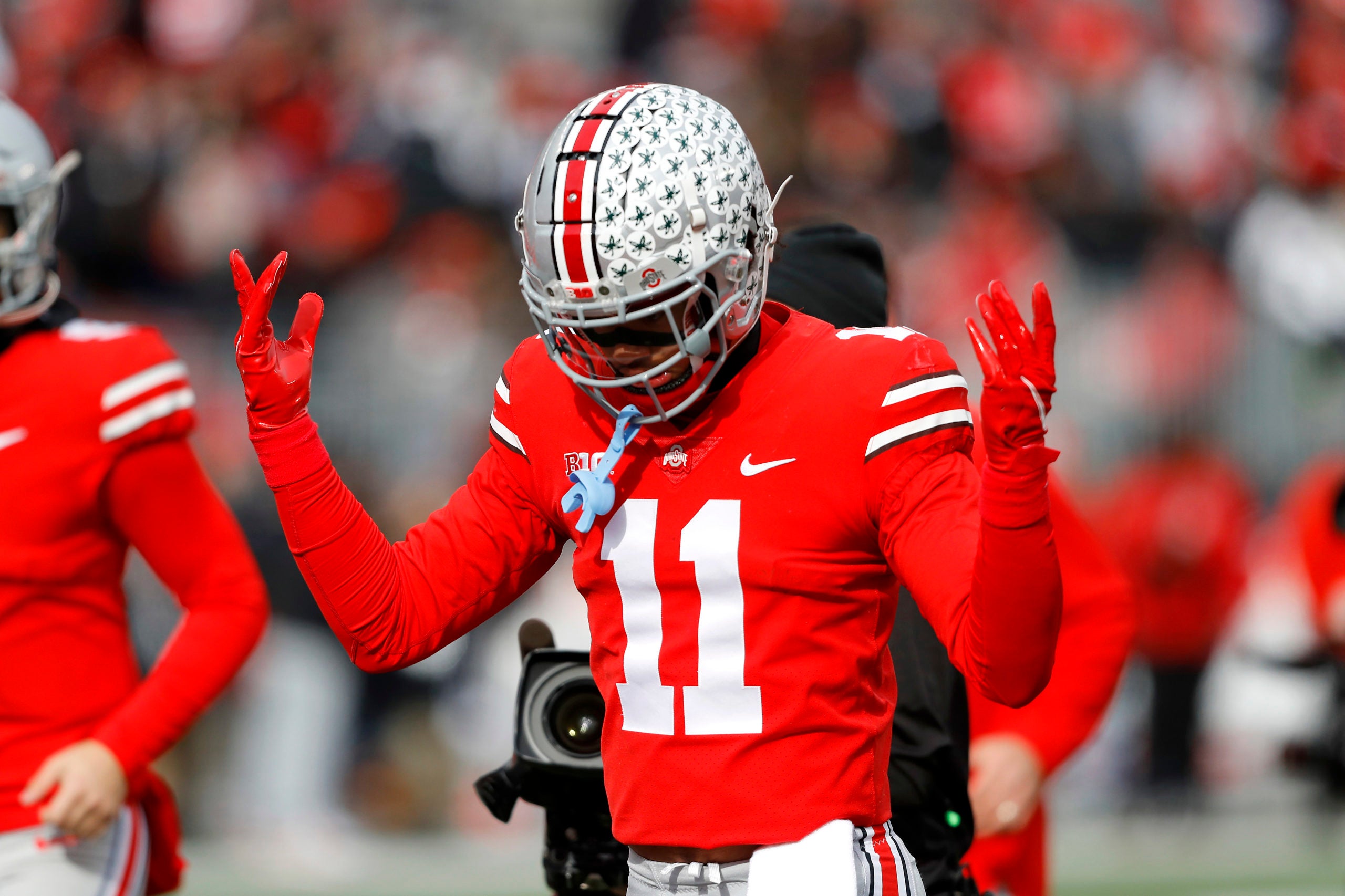 Nov 20, 2021; Columbus, Ohio, USA; Ohio State Buckeyes wide receiver Jaxon Smith-Njigba (11) before the game against the Michigan State Spartans at Ohio Stadium. Mandatory Credit: Joseph Maiorana-USA TODAY Sports