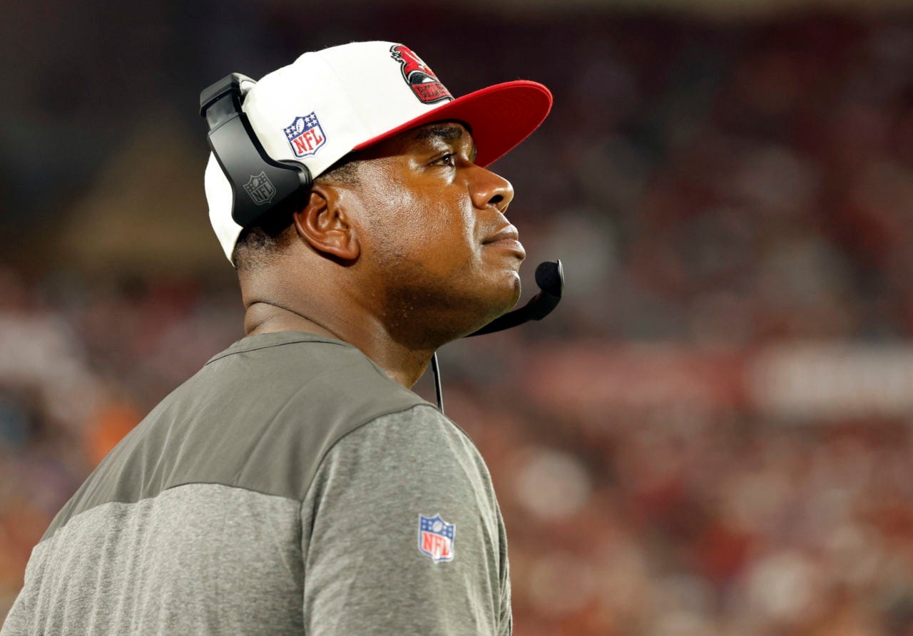 Aug 13, 2022; Tampa, Florida, USA; Tampa Bay Buccaneers Byron Leftwich looks on against the Miami Dolphins during the second quarter at Raymond James Stadium. Mandatory Credit: Kim Klement-USA TODAY Sports