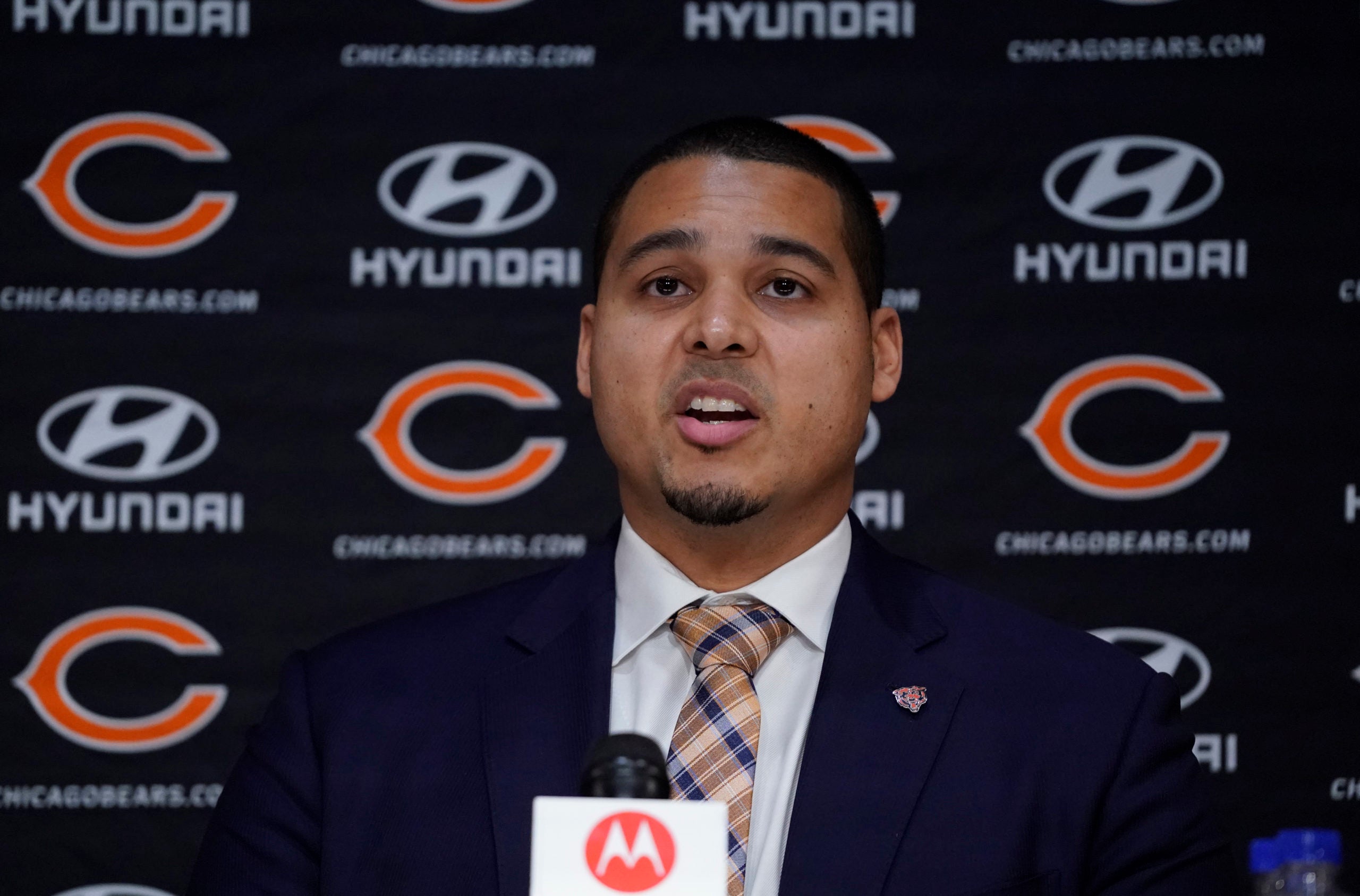 Jan 31, 2022; Lake Forest, IL, USA; Chicago Bears General new Manager Ryan Poles speaks during a Press Conference Mandatory Credit: David Banks-USA TODAY Sports