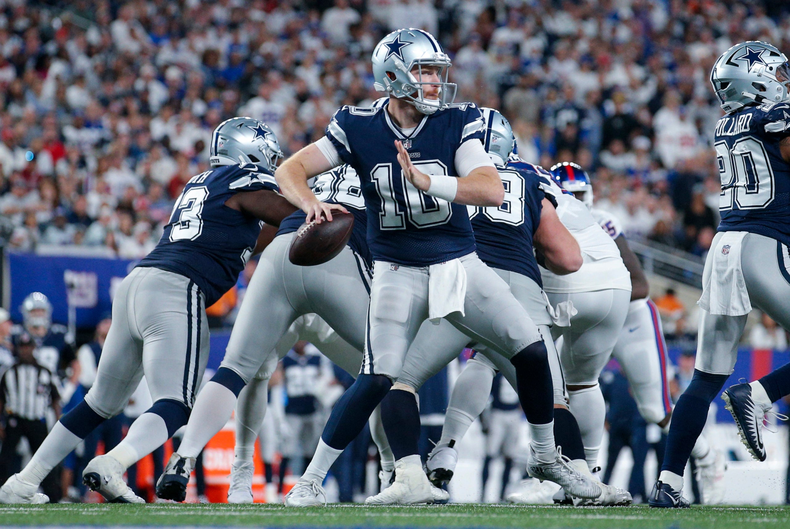 Sep 26, 2022; East Rutherford, New Jersey, USA;  Dallas Cowboys quarterback Cooper Rush (10) throws during the second half against the New York Giants at MetLife Stadium. Mandatory Credit: Brad Penner-USA TODAY Sports