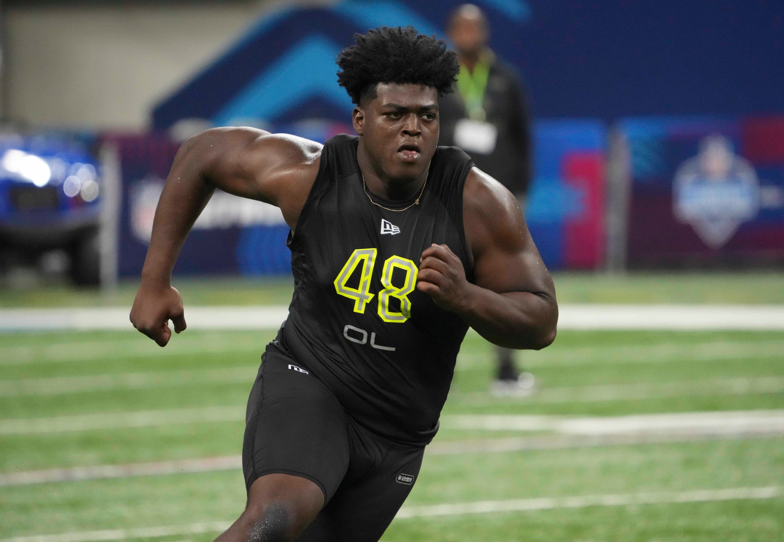 Mar 4, 2022; Indianapolis, IN, USA; Tulsa offensive lineman Tyler Smith (OL48) goes through drills during the 2022 NFL Scouting Combine at Lucas Oil Stadium. Mandatory Credit: Kirby Lee-USA TODAY Sports