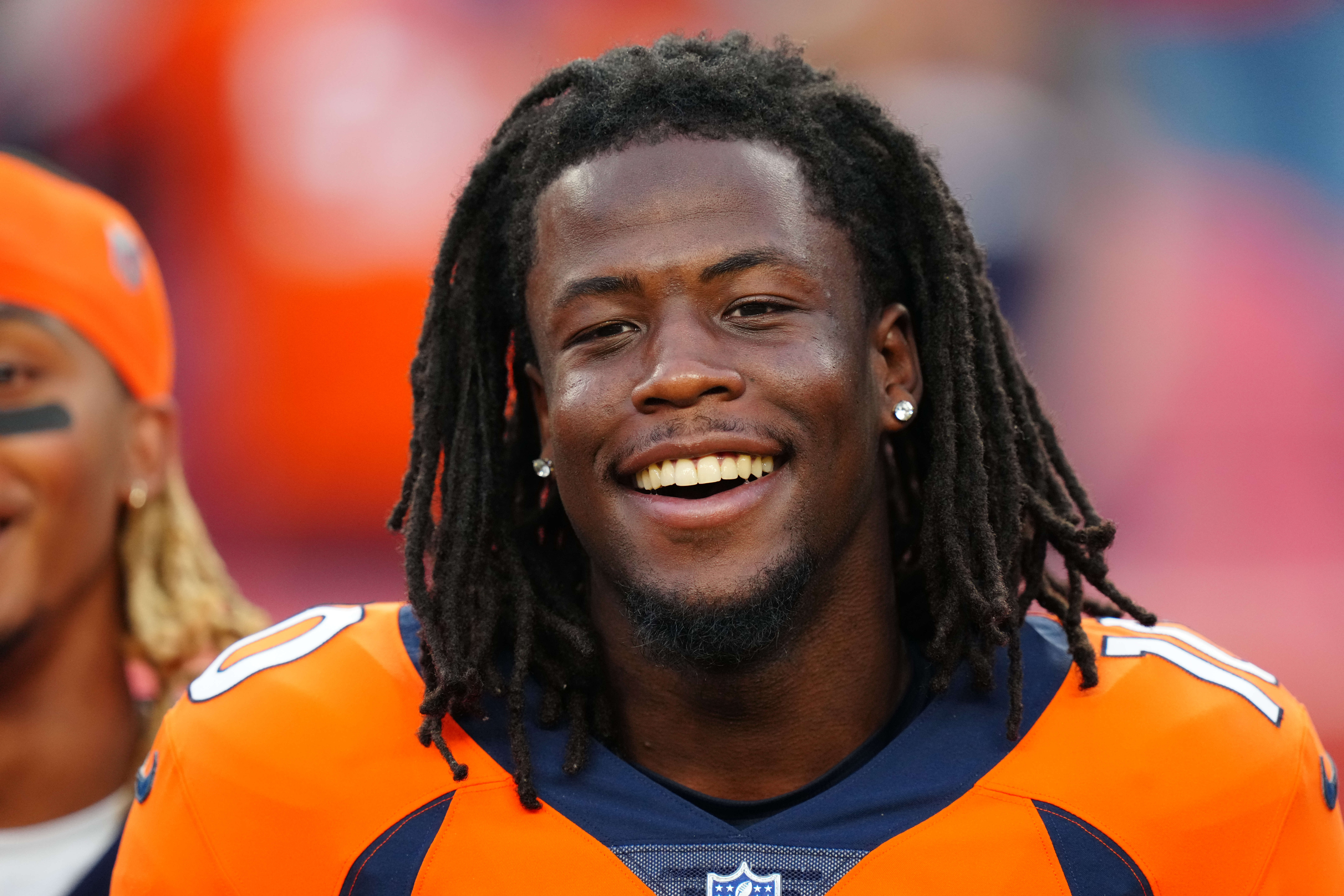 Aug 28, 2021; Denver, Colorado, USA; Denver Broncos wide receiver Jerry Jeudy (10) before the preseason game against the Los Angeles Rams at Empower Field at Mile High.