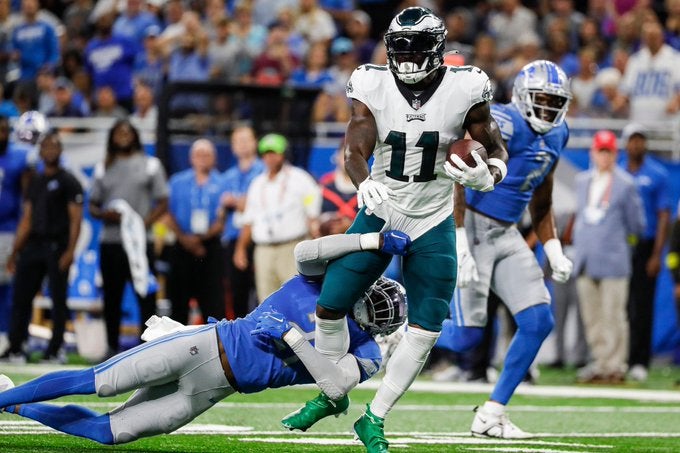 Philadelphia Eagles A.J. Brown WR wide receiver franchise record history single-season receiving yards debut Detroit Lions Week 1 stats Mike Quick