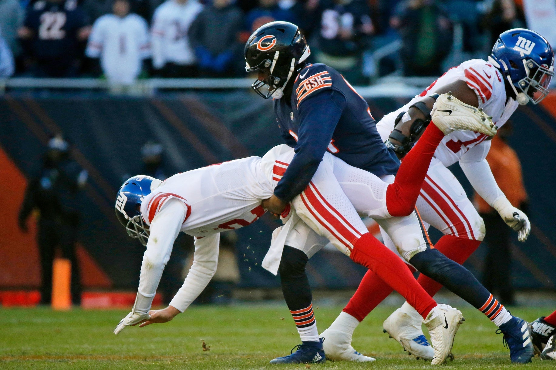Jan 2, 2022; Chicago, Illinois, USA; Chicago Bears outside linebacker Robert Quinn (94) sacks New York Giants quarterback Mike Glennon (2) for his 100th career sack during the second half at Soldier Field. Mandatory Credit: Jon Durr-USA TODAY Sports