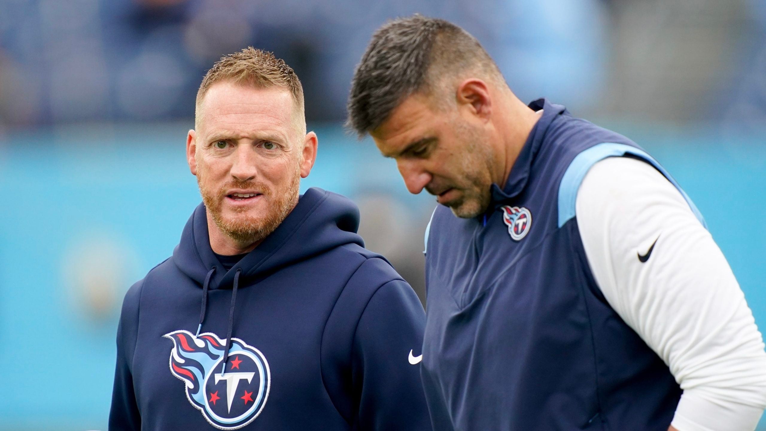 Titans offensive coordinator Todd Downing talks with head coach Mike Vrabel as the team gets ready to face the Jacksonville Jaguars at Nissan Stadium Sunday, Dec. 11, 2022, in Nashville, Tenn. Nfl Jacksonville Jaguars At Tennessee Titans