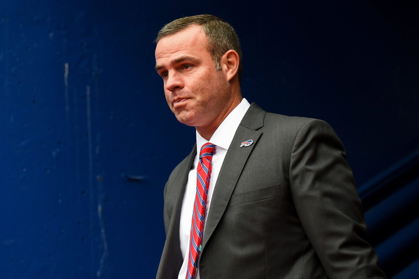 Nov 21, 2021; Orchard Park, New York, USA; Buffalo Bills general manager Brandon Beane walks to the field prior to the game against the Indianapolis Colts at Highmark Stadium. Mandatory Credit: Rich Barnes-USA TODAY Sports