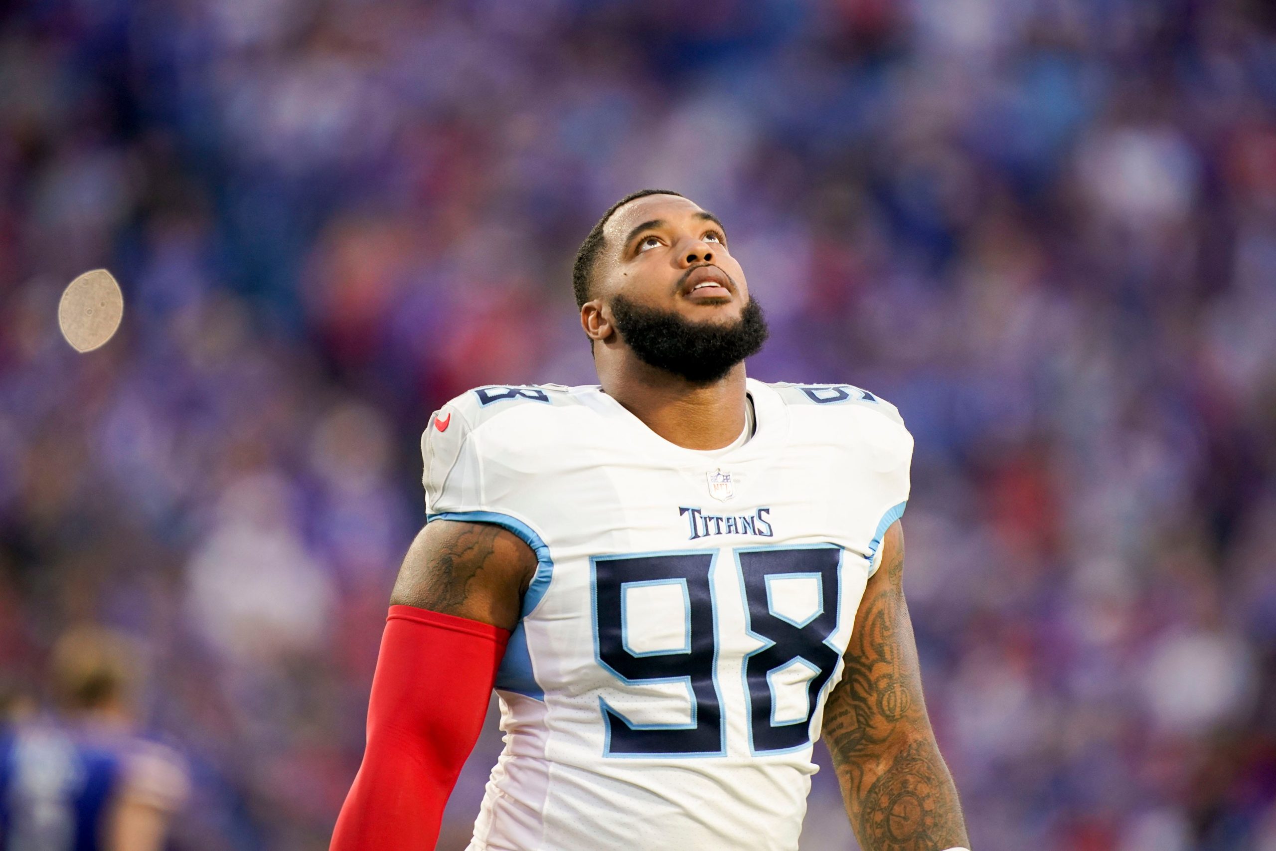 Tennessee Titans defensive tackle Jeffery Simmons (98) takes the field to face the Buffalo Bills at Highmark Stadium Monday, Sept. 19, 2022, in Orchard Park, New York. Nfl Tennessee Titans At Buffalo Bills
