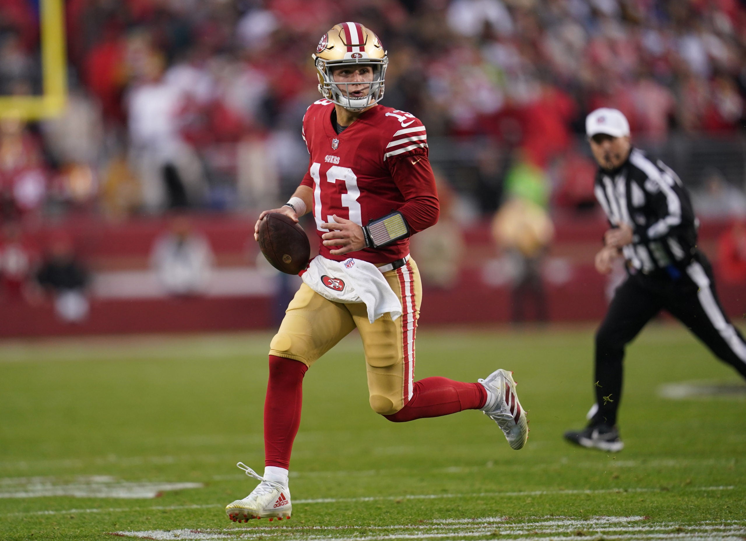 Jan 14, 2023; Santa Clara, California, USA; San Francisco 49ers quarterback Brock Purdy (13) loos to throw the football in the fourth quarter of a wild card game against the Seattle Seahawks at Levi's Stadium. Mandatory Credit: Cary Edmondson-USA TODAY Sports