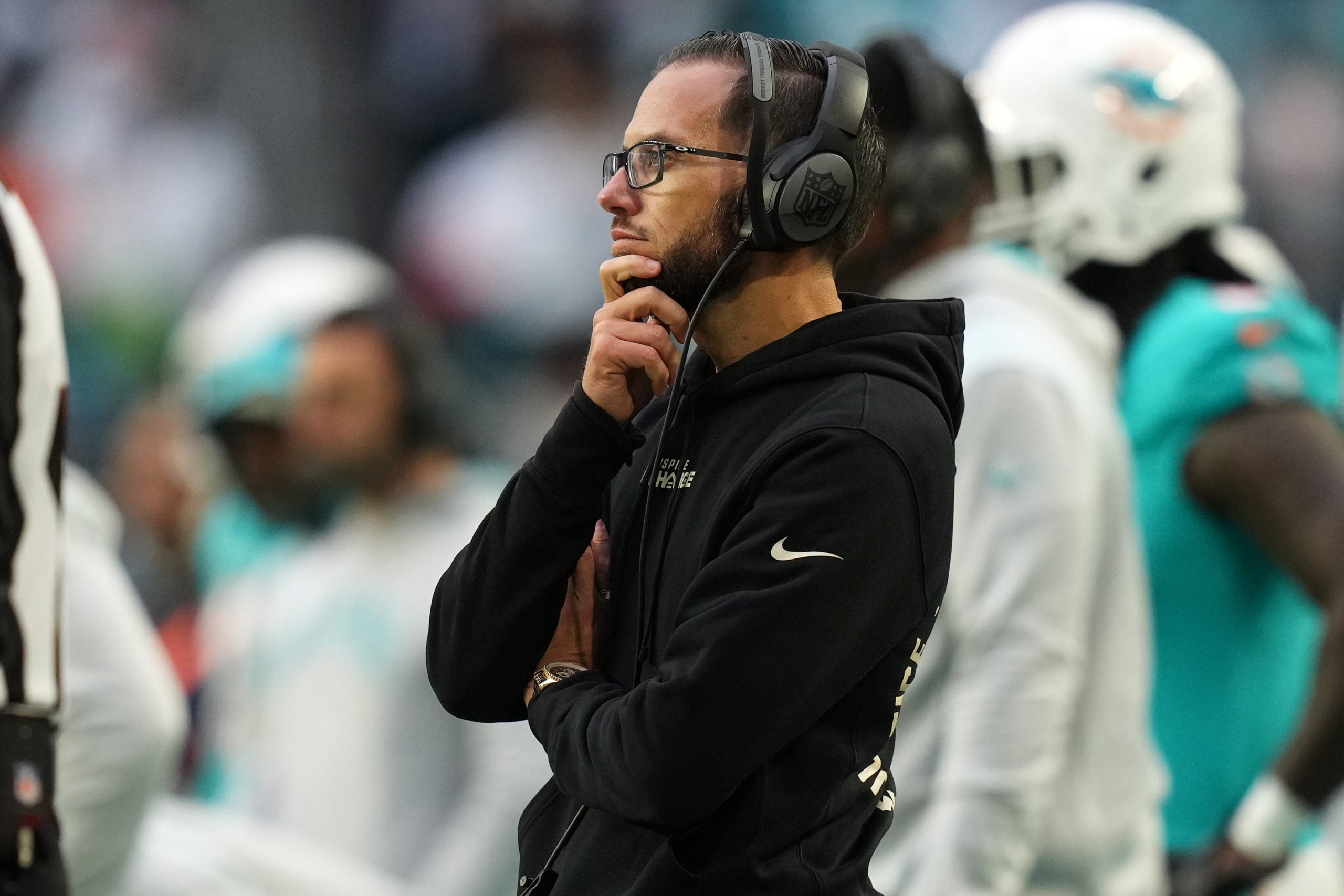 Dec 25, 2022; Miami Gardens, Florida, USA; Miami Dolphins head coach Mike McDaniel stands on the sideline during the second half against the Green Bay Packers at Hard Rock Stadium. Mandatory Credit: Jasen Vinlove-USA TODAY Sports