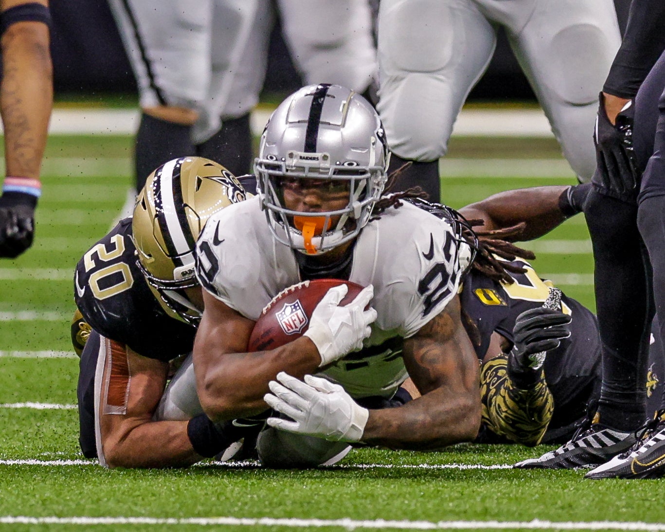 Las Vegas Raiders running back tackled against the New Orleans Saints.