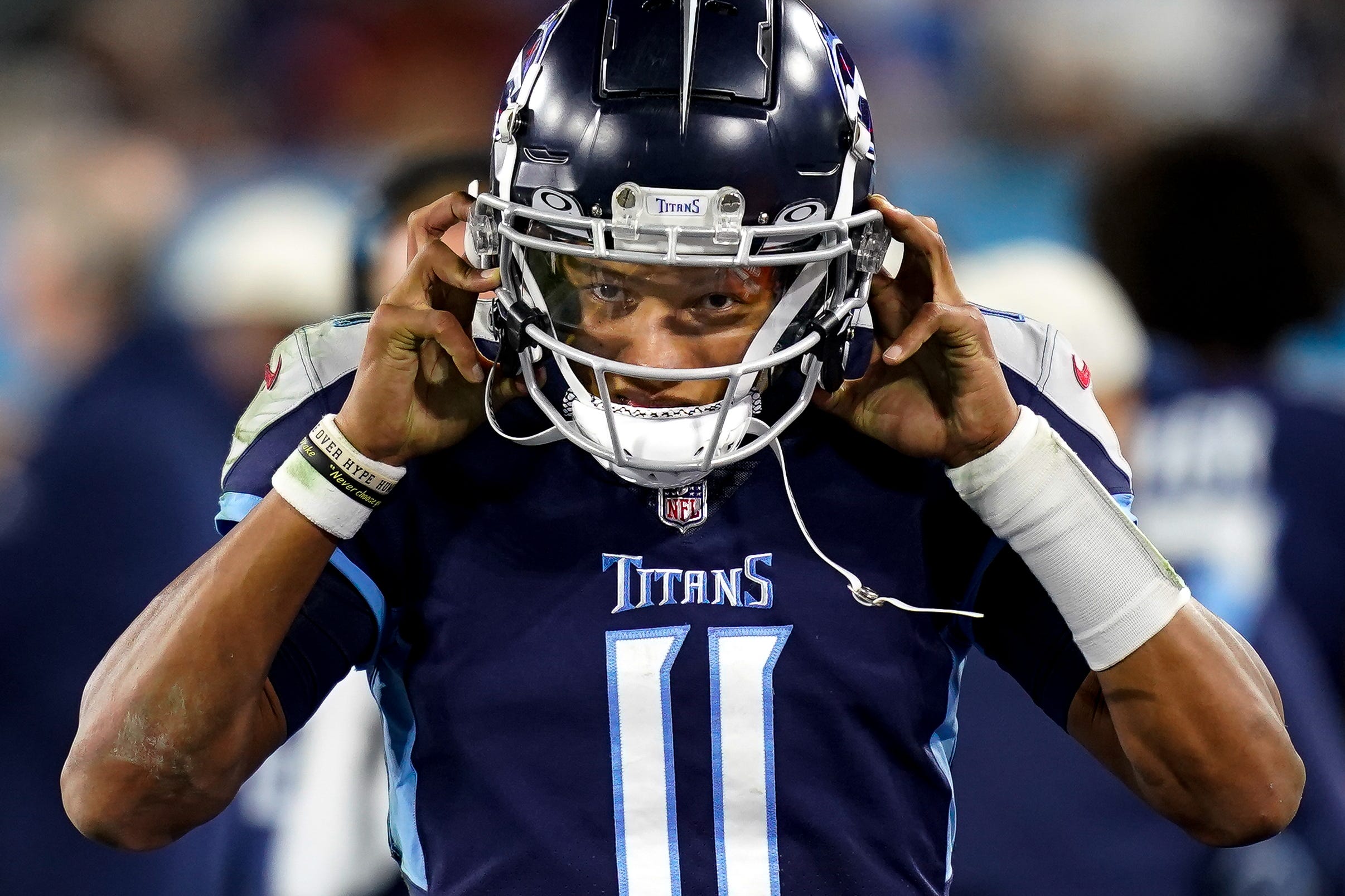 Tennessee Titans quarterback Joshua Dobbs (11) on the sidelines during the second quarter against the Dallas Cowboys at Nissan Stadium Thursday, Dec. 29, 2022, in Nashville, Tenn. Nfl Dallas Cowboys At Tennessee Titans