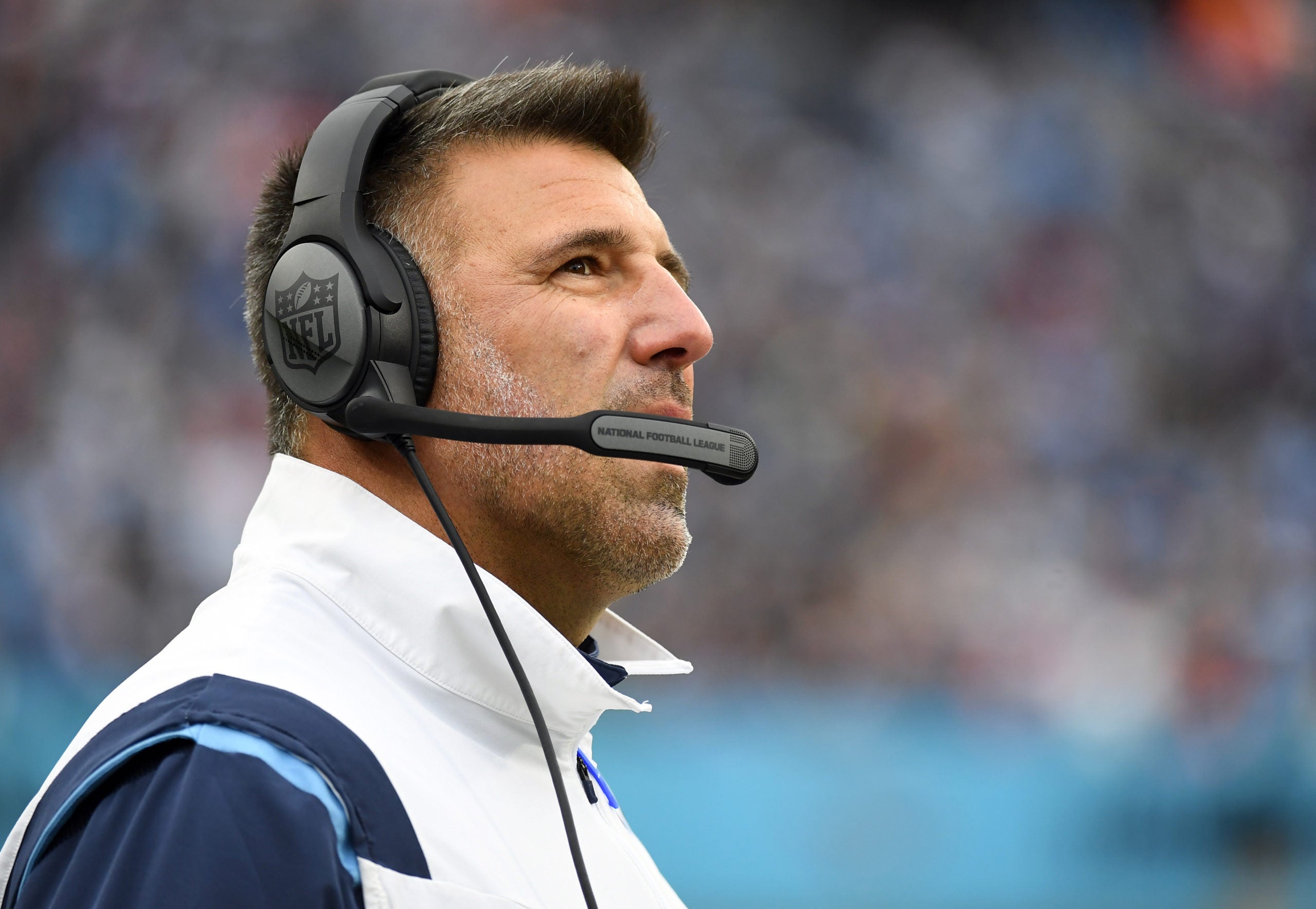 Nov 27, 2022; Nashville, Tennessee, USA; Tennessee Titans head coach Mike Vrabel looks at the scoreboard during the first half against the Cincinnati Bengals at Nissan Stadium. Mandatory Credit: Christopher Hanewinckel-USA TODAY Sports
