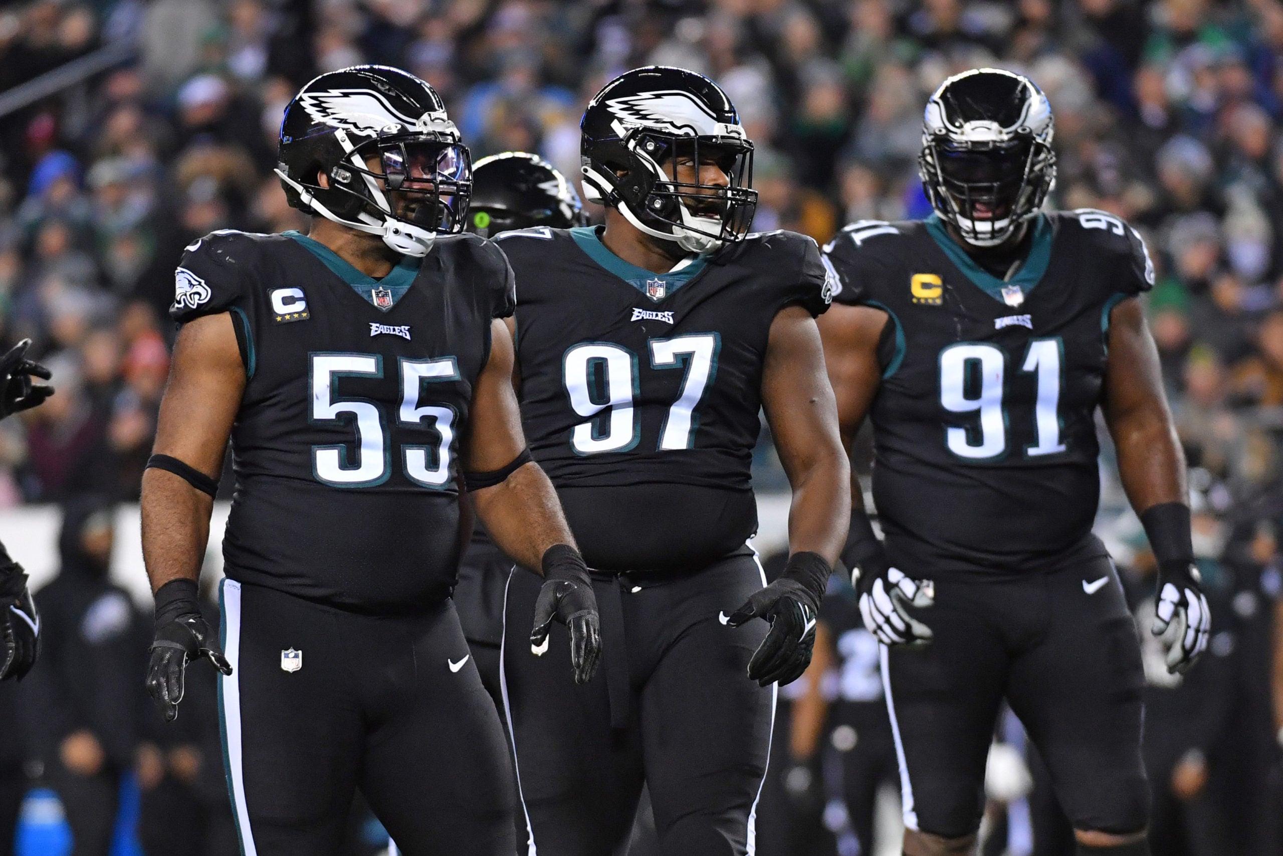 Jan 8, 2023; Philadelphia, Pennsylvania, USA; Philadelphia Eagles defensive end Brandon Graham (55), defensive tackle Javon Hargrave (97) and defensive tackle Fletcher Cox (91) against the New York Giants at Lincoln Financial Field. Mandatory Credit: Eric Hartline-USA TODAY Sports