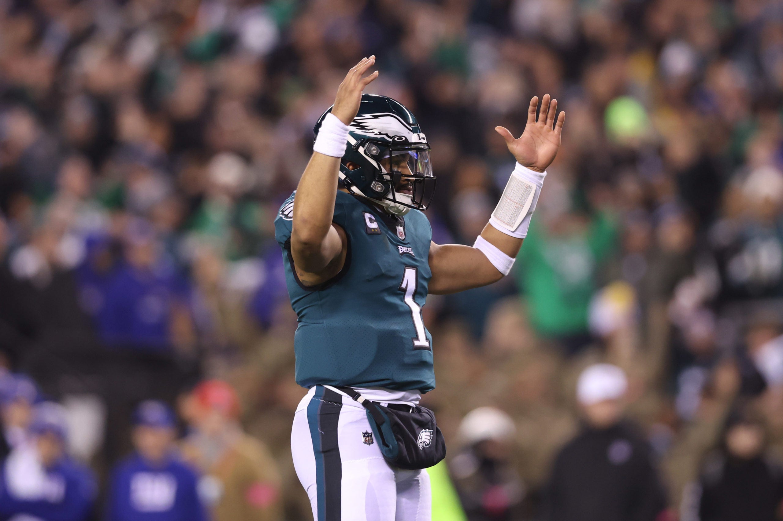 Jan 21, 2023; Philadelphia, Pennsylvania, USA; Philadelphia Eagles quarterback Jalen Hurts (1)  reacts in the second quarter against the New York Giants during an NFC divisional round game at Lincoln Financial Field. Mandatory Credit: Bill Streicher-USA TODAY Sports