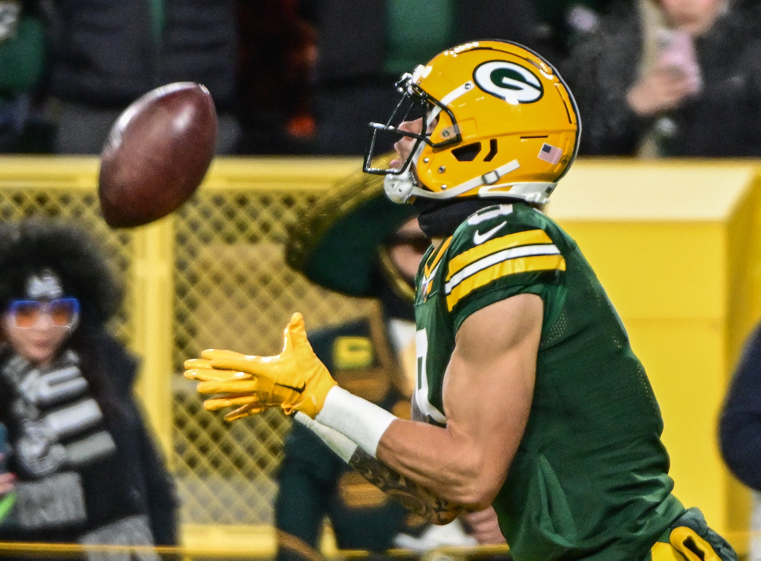 Dec 19, 2022; Green Bay, Wisconsin, USA; Green Bay Packers wide receiver Christian Watson (9) warms up before game against the Los Angeles Rams at Lambeau Field. Mandatory Credit: Benny Sieu-USA TODAY Sports
