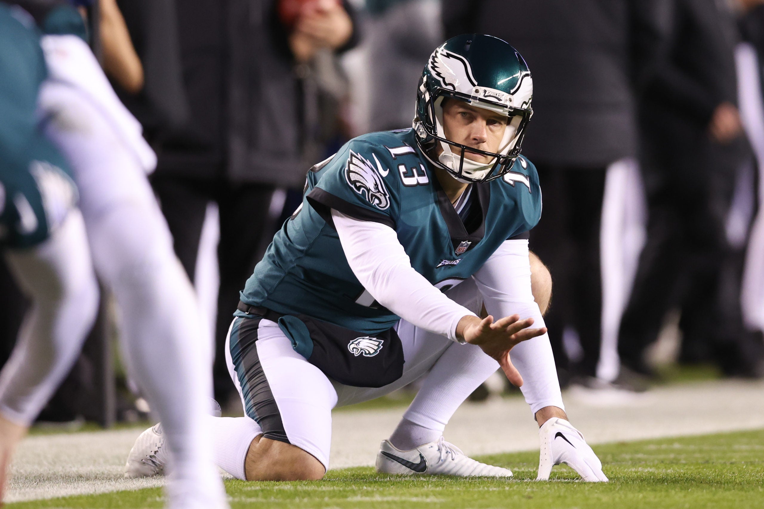 Jan 21, 2023; Philadelphia, Pennsylvania, USA; Philadelphia Eagles punter Brett Kern (13) practices place kick holding against the New York Giants during an NFC divisional round game at Lincoln Financial Field. Mandatory Credit: Bill Streicher-USA TODAY Sports