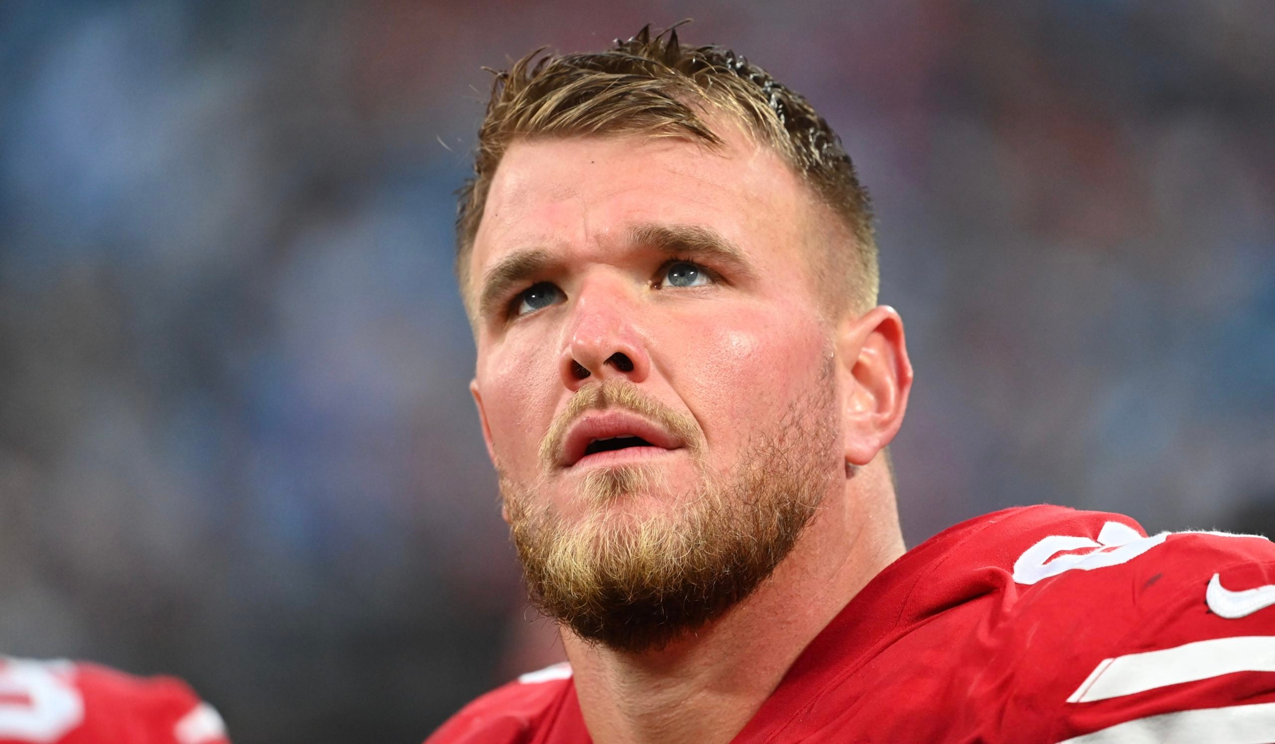 Oct 9, 2022; Charlotte, North Carolina, USA; San Francisco 49ers offensive tackle Mike McGlinchey (69) on the sidelines in the fourth quarter at Bank of America Stadium. Mandatory Credit: Bob Donnan-USA TODAY Sports
