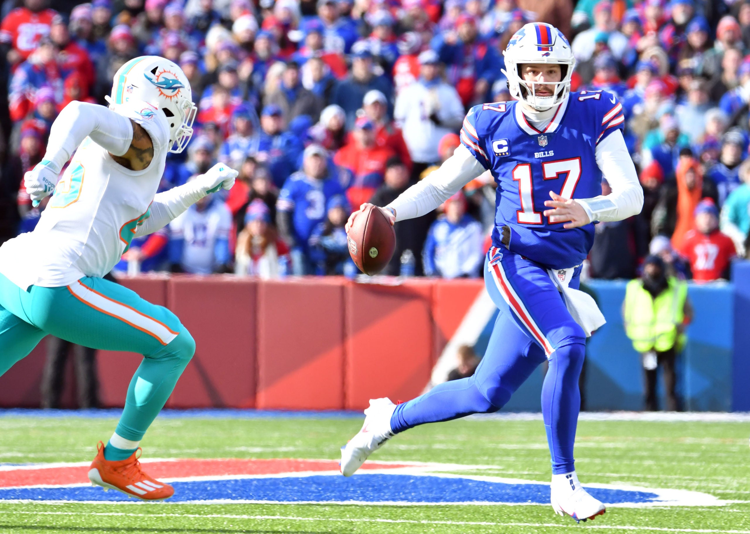 Buffalo Bills Josh Allen QB quarterback Mitch Morse center Christian Wilkins Wild Card win Miami Dolphins NFL football stats news