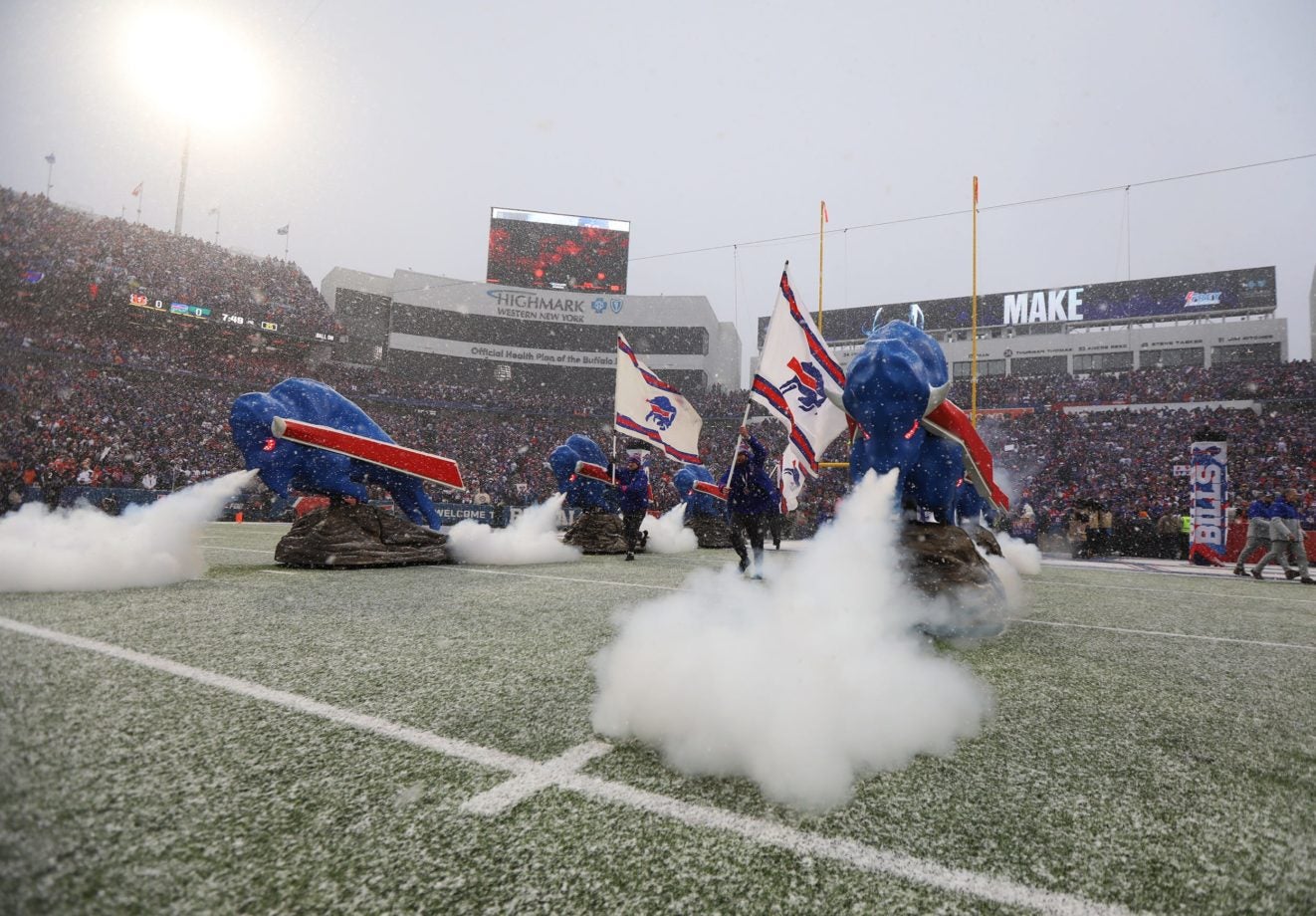 Smoke comes out of the Buffaloes noses as the Bills team are introduced as they take the field during their playoff game against  the Cincinnati Bengals in Orchard Park on Jan. 22. Blue Buffaloes Bills Intro