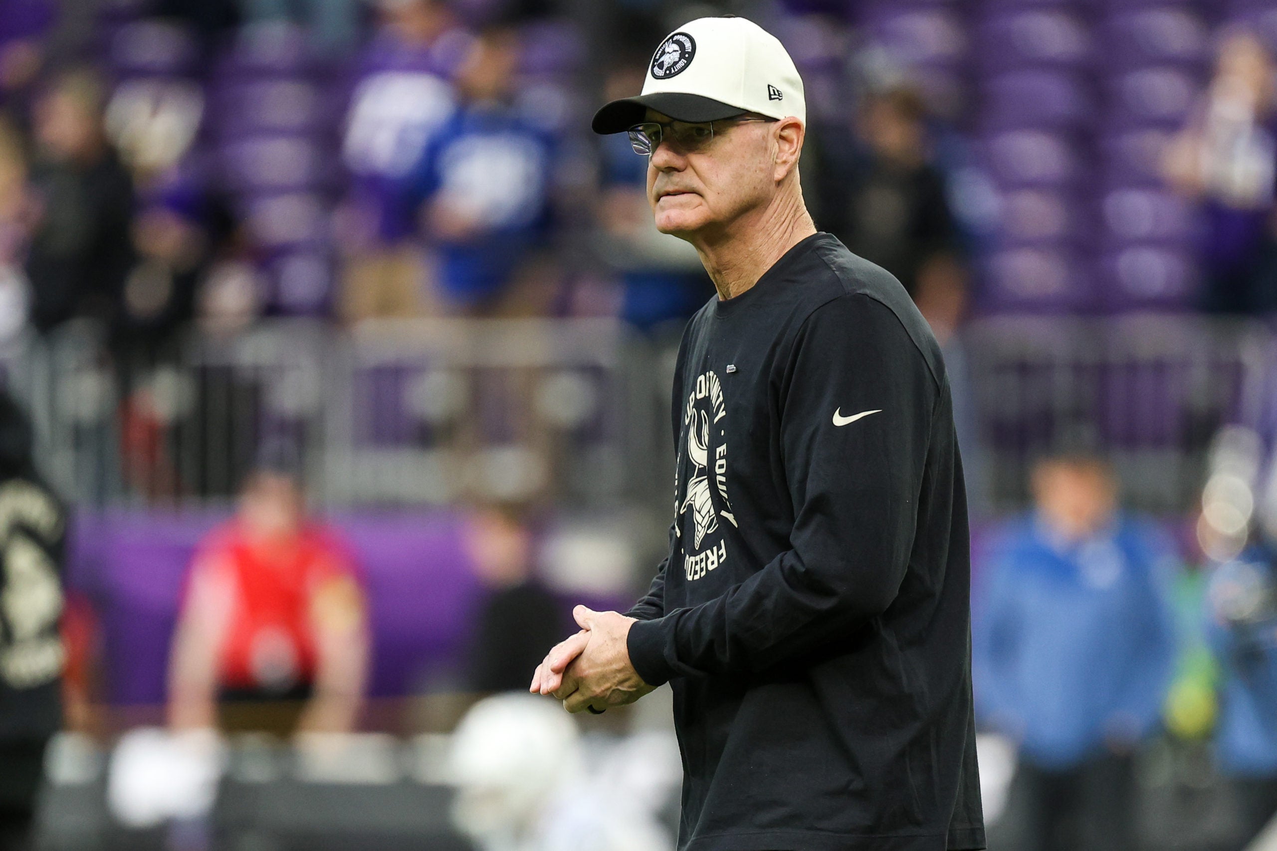 Dec 17, 2022; Minneapolis, Minnesota, USA; Minnesota Vikings defensive coordinator Ed Donatell looks on before the game against the Indianapolis Colts at U.S. Bank Stadium. Mandatory Credit: Matt Krohn-USA TODAY Sports