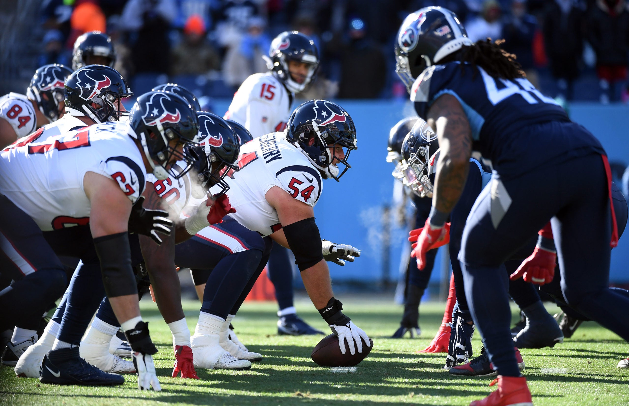Dec 24, 2022; Nashville, Tennessee, USA; Houston Texans line up against Tennessee Titans during the first half at Nissan Stadium. Mandatory Credit: Christopher Hanewinckel-USA TODAY Sports