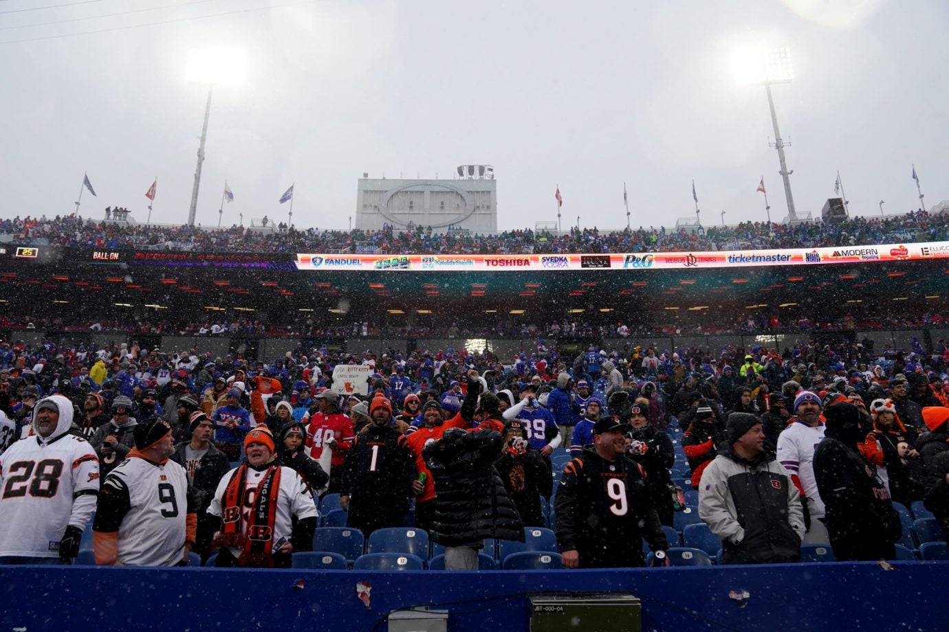 Fans file into their seats for an NFL divisional playoff football game between the Cincinnati Bengals and the Buffalo Bills, Sunday, Jan. 22, 2023, at Highmark Stadium in Orchard Park, N.Y. Cincinnati Bengals At Buffalo Bills Afc Divisional Jan 22 0112