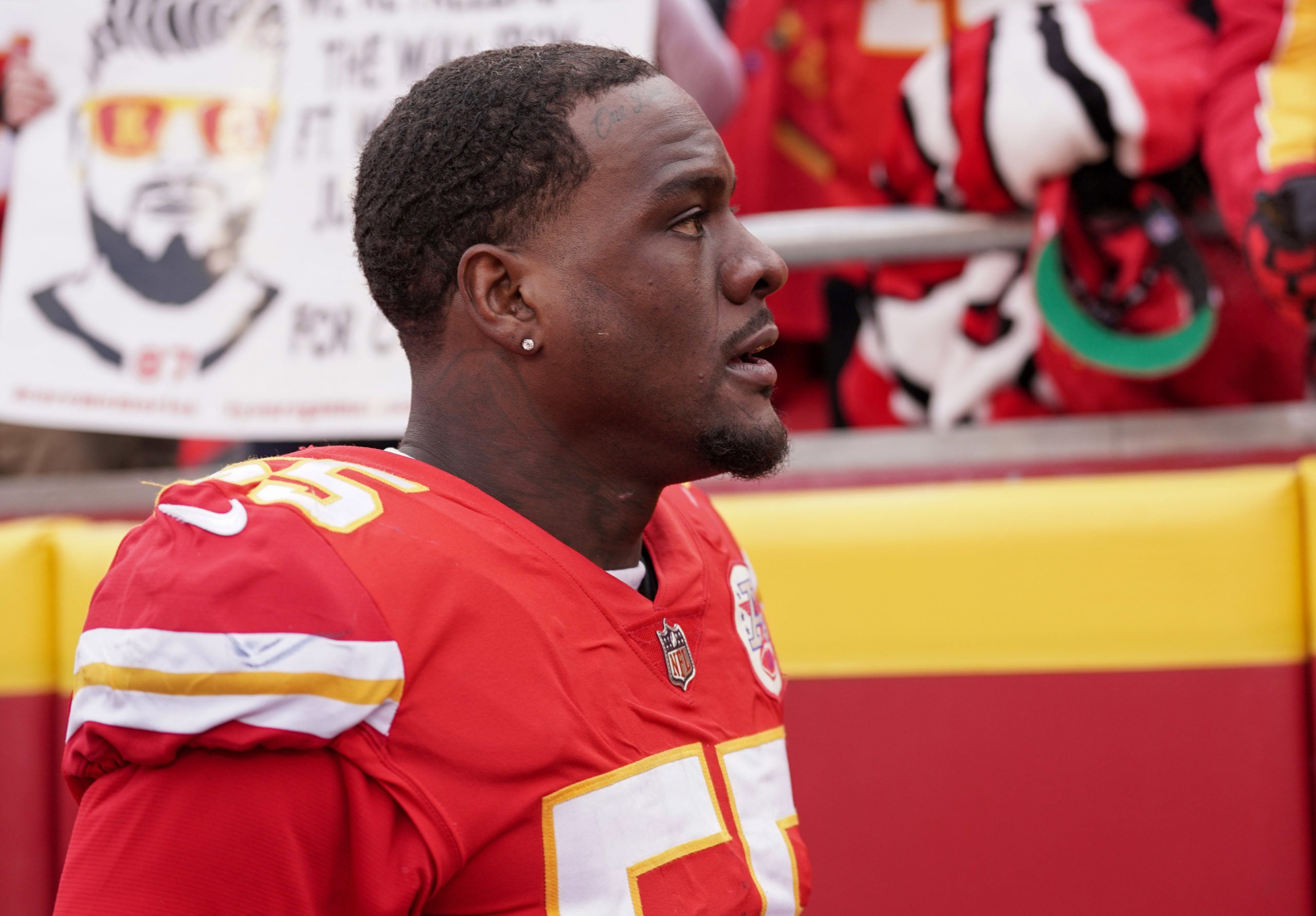 Dec 24, 2022; Kansas City, Missouri, USA; Kansas City Chiefs defensive end Frank Clark (55) leaves the field against the Seattle Seahawks after a game at GEHA Field at Arrowhead Stadium. Mandatory Credit: Denny Medley-USA TODAY Sports