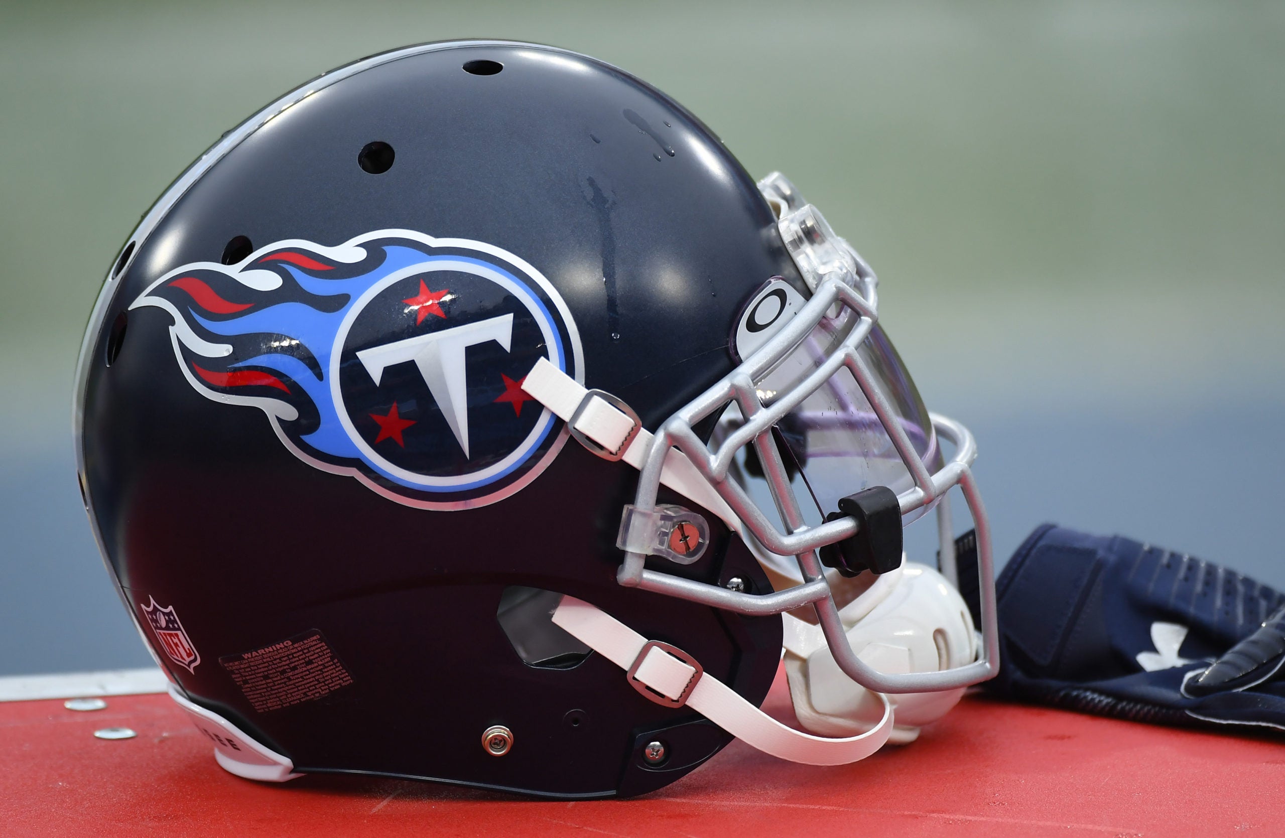 Oct 18, 2020; Nashville, Tennessee, USA; View of a Tennessee Titans helmet before the game against the Houston Texans at Nissan Stadium. Mandatory Credit: Christopher Hanewinckel-USA TODAY Sports