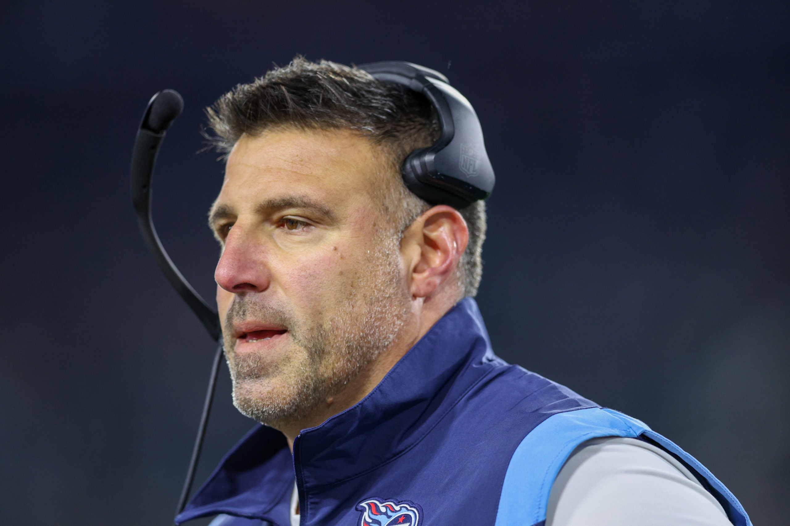 Jan 7, 2023; Jacksonville, Florida, USA;  Tennessee Titans head coach Mike Vrabel looks on against the Jacksonville Jaguars in the first quarter at TIAA Bank Field. Mandatory Credit: Nathan Ray Seebeck-USA TODAY Sports