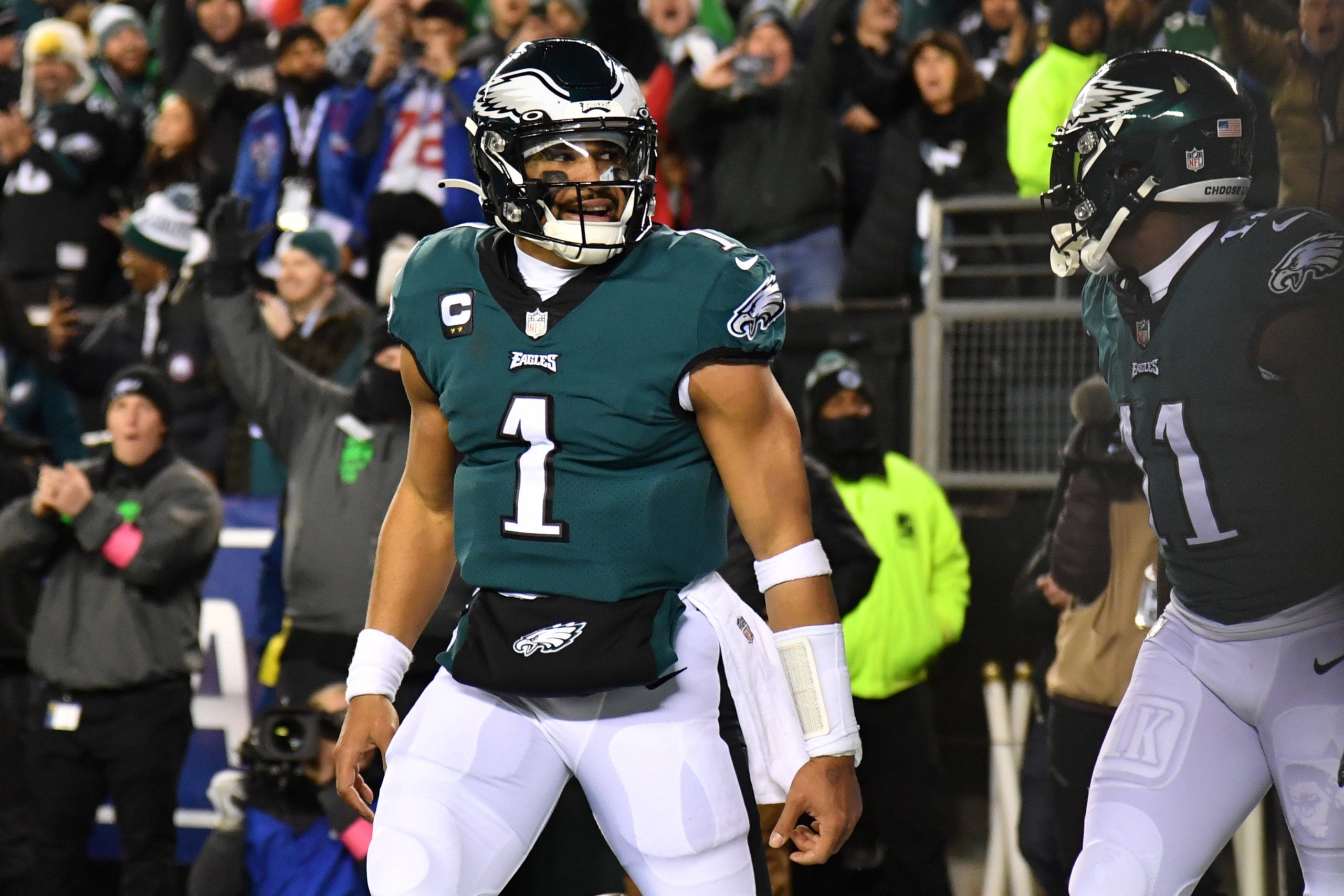 Philadelphia Eagles New York Giants NFL football NFC Championship Game win loss Dallas Cowboys San Francisco 49ers Jalen Hurts Miles Sanders NFL football stats news